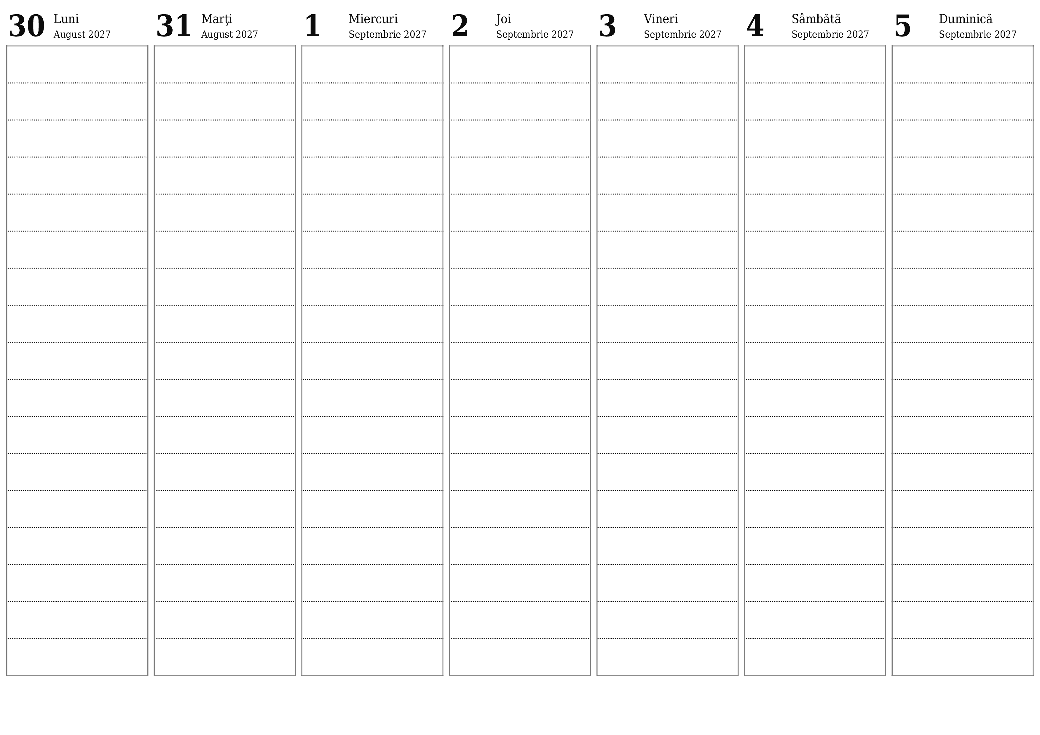 Planificator săptămânal gol pentru săptămâni Septembrie 2027 cu note, salvați și tipăriți în PDF PNG Romanian