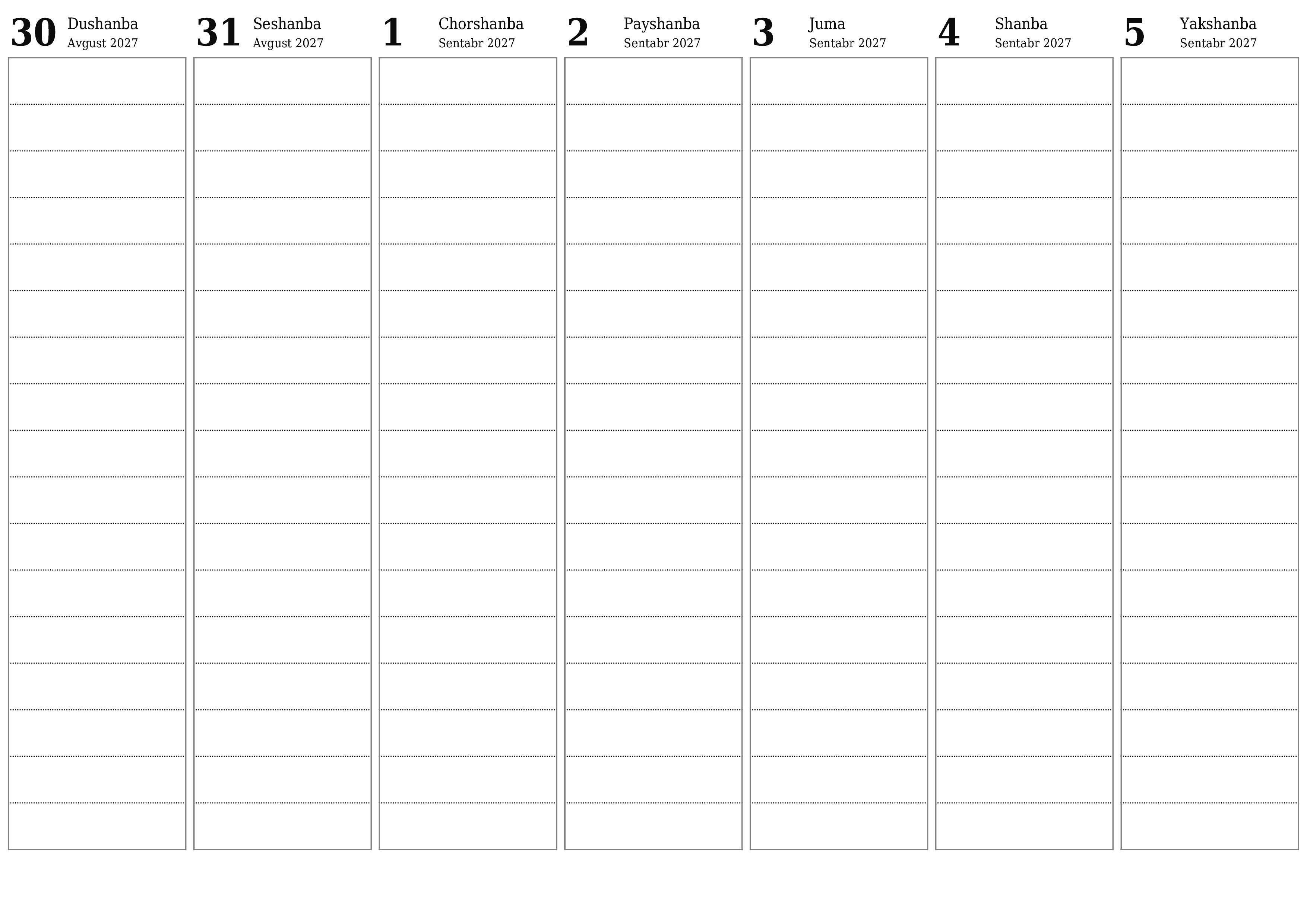 Haftalik rejalashtiruvchi Sentabr 2027 haftalar uchun yozuvlar bilan bo'shatib, saqlang va PDF-ga chop eting PNG Uzbek