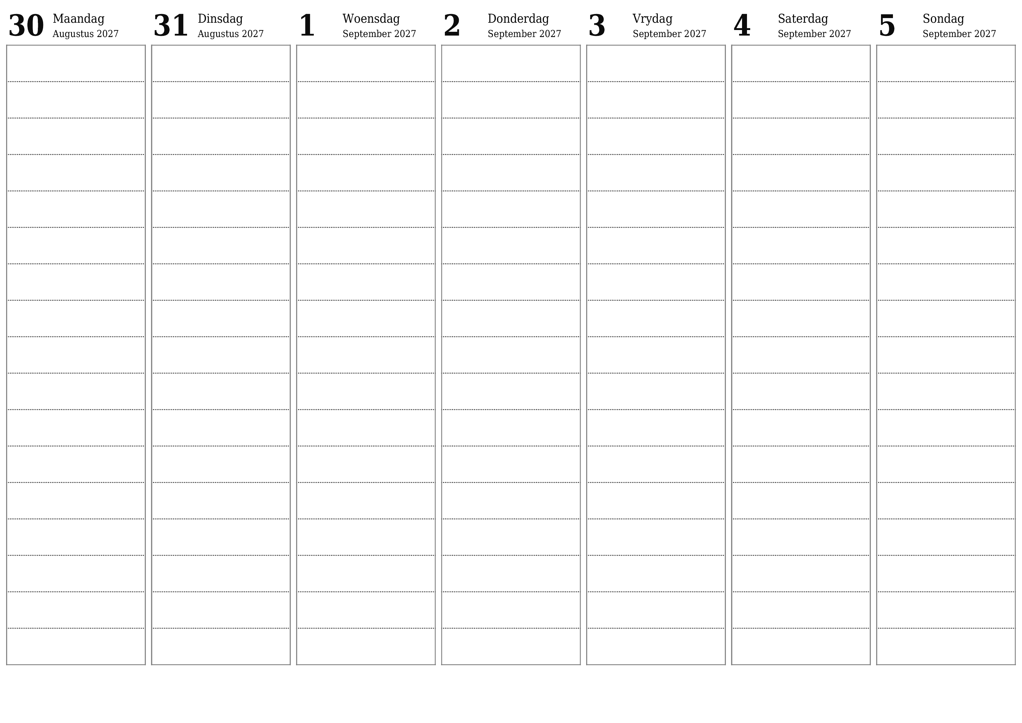 Leë weeklikse drukbare kalender en beplanner vir week September 2027 met notas, stoor en druk na PDF PNG Afrikaans