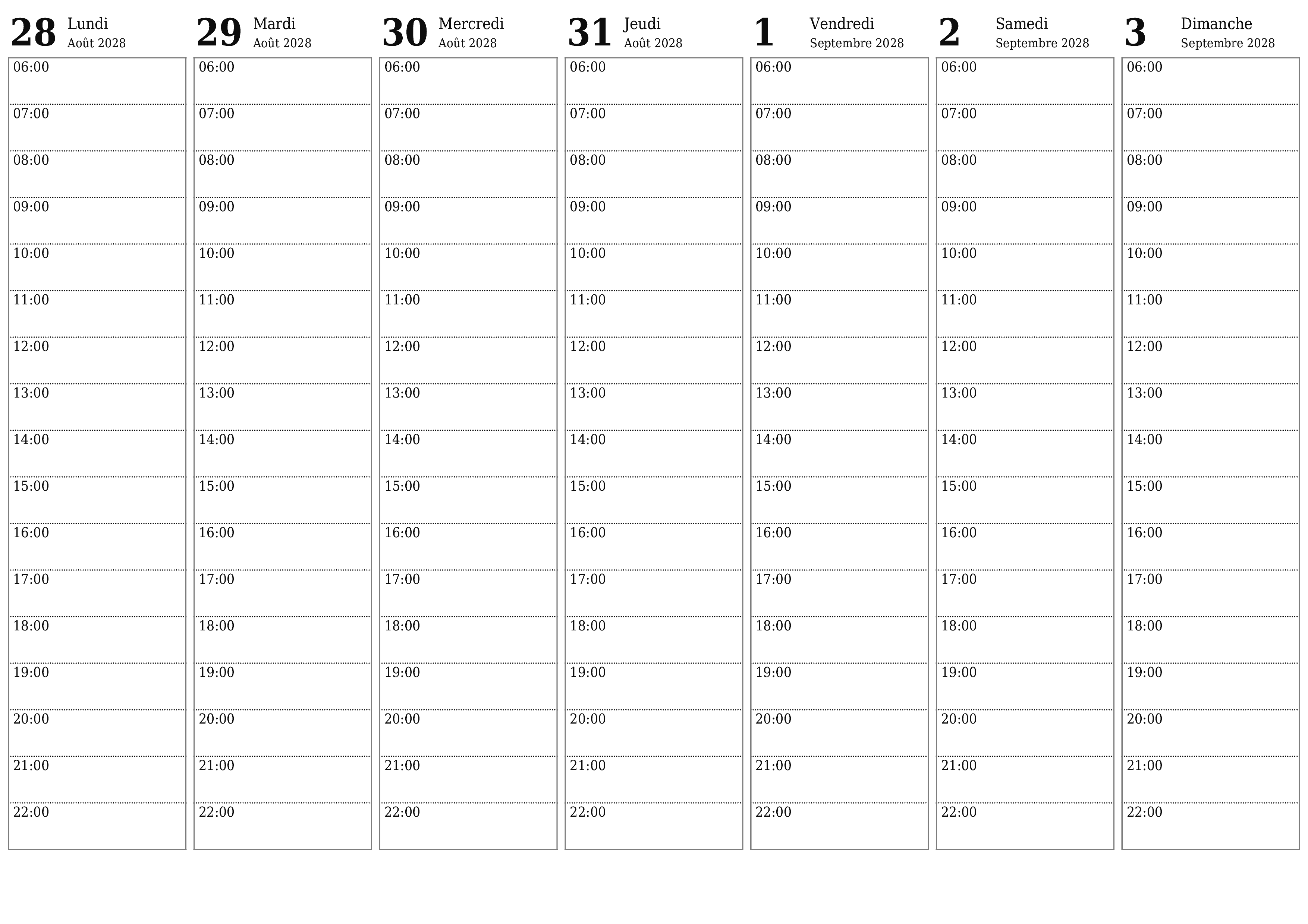 Agenda hebdomadaire vide pendant des semaines Septembre 2028 avec notes, enregistrez et imprimez au format PDF PNG French