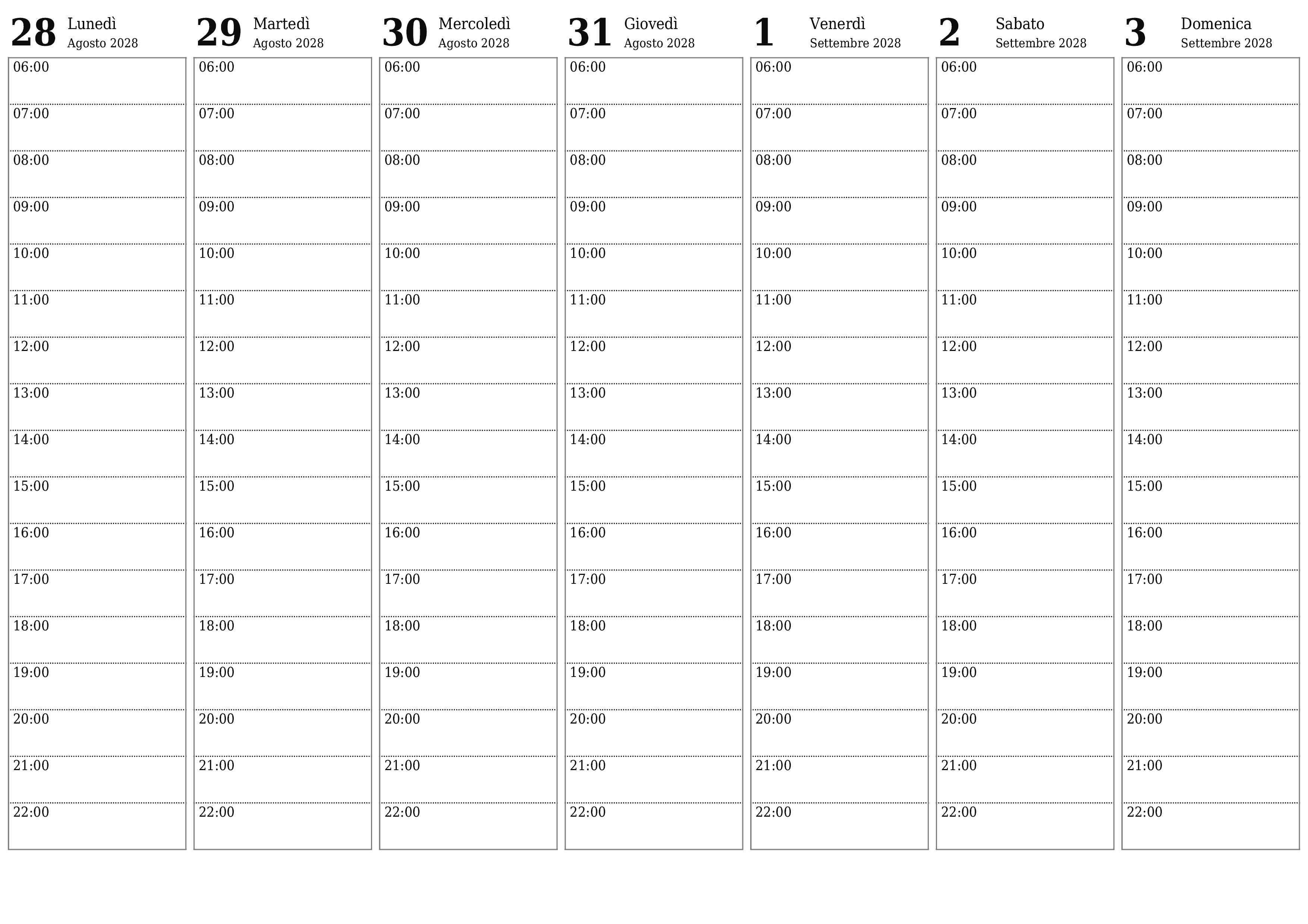 Agenda settimanale vuota per settimane Settembre 2028 con note, salva e stampa in PDF PNG Italian