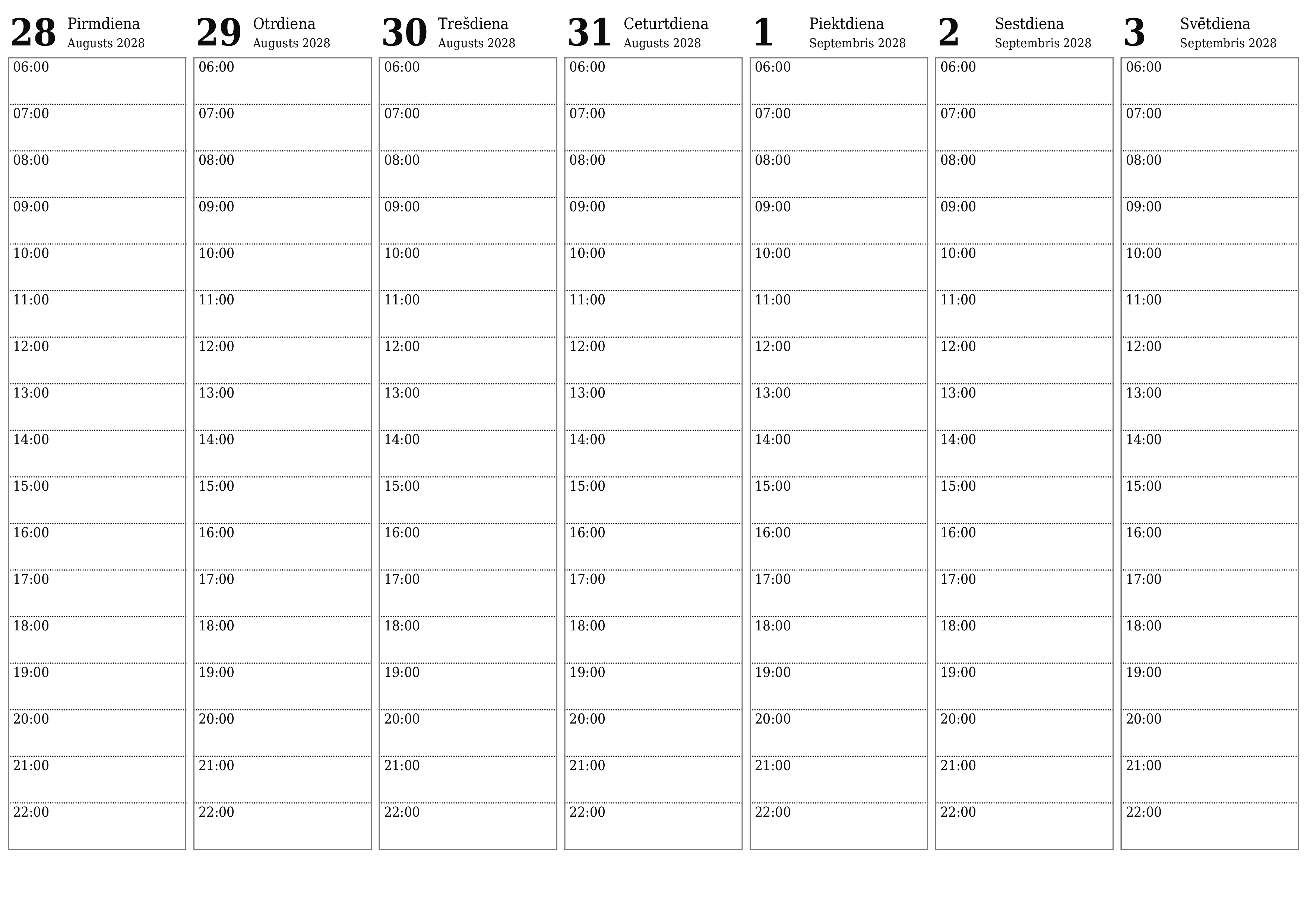 Iztukšojiet nedēļas plānotāju nedēļām Septembris 2028 ar piezīmēm, saglabājiet un izdrukājiet PDF formātā PNG Latvian