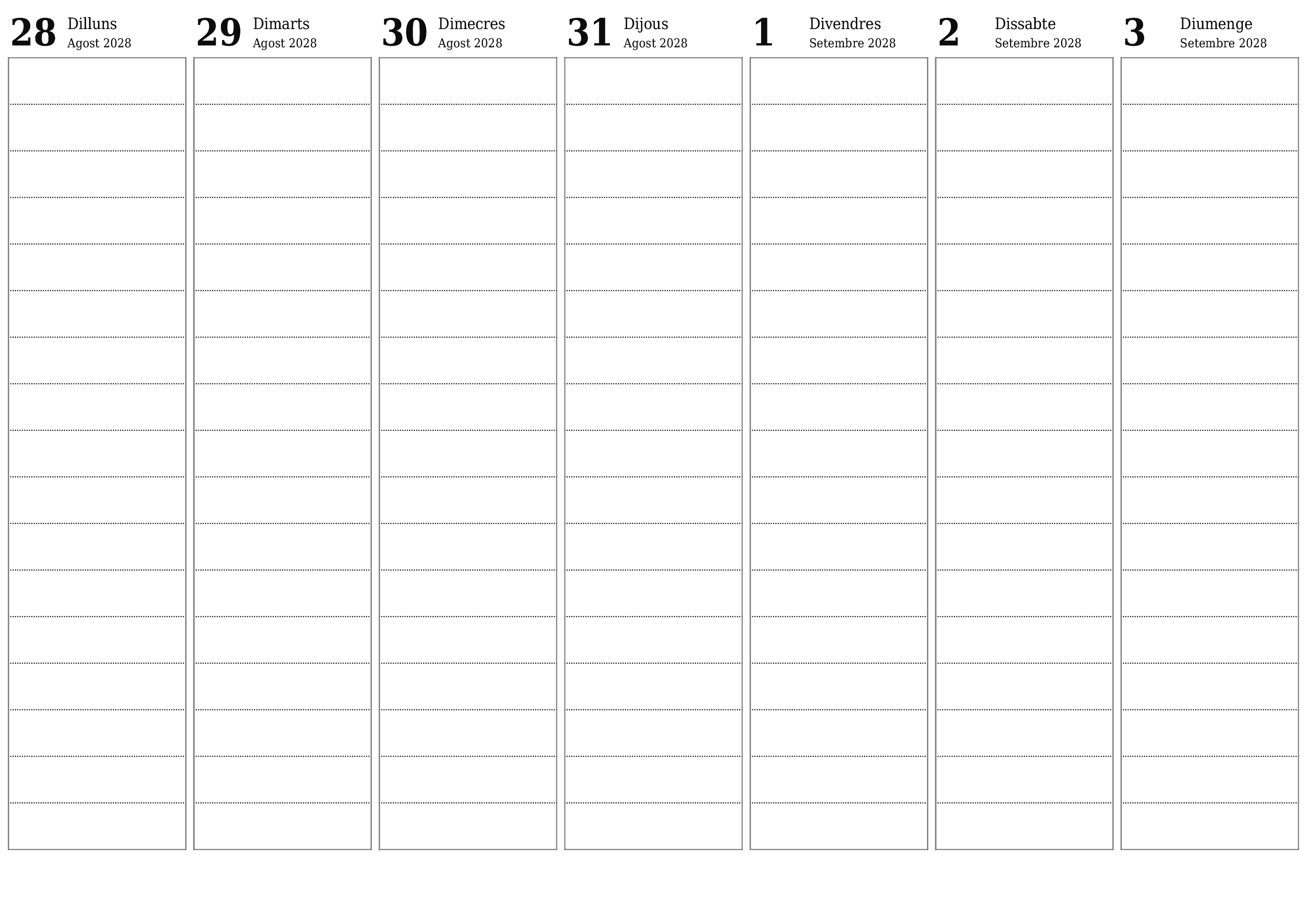 Planificador setmanal buit durant setmanes Setembre 2028 amb notes, deseu-lo i imprimiu-lo en format PDF PNG Catalan
