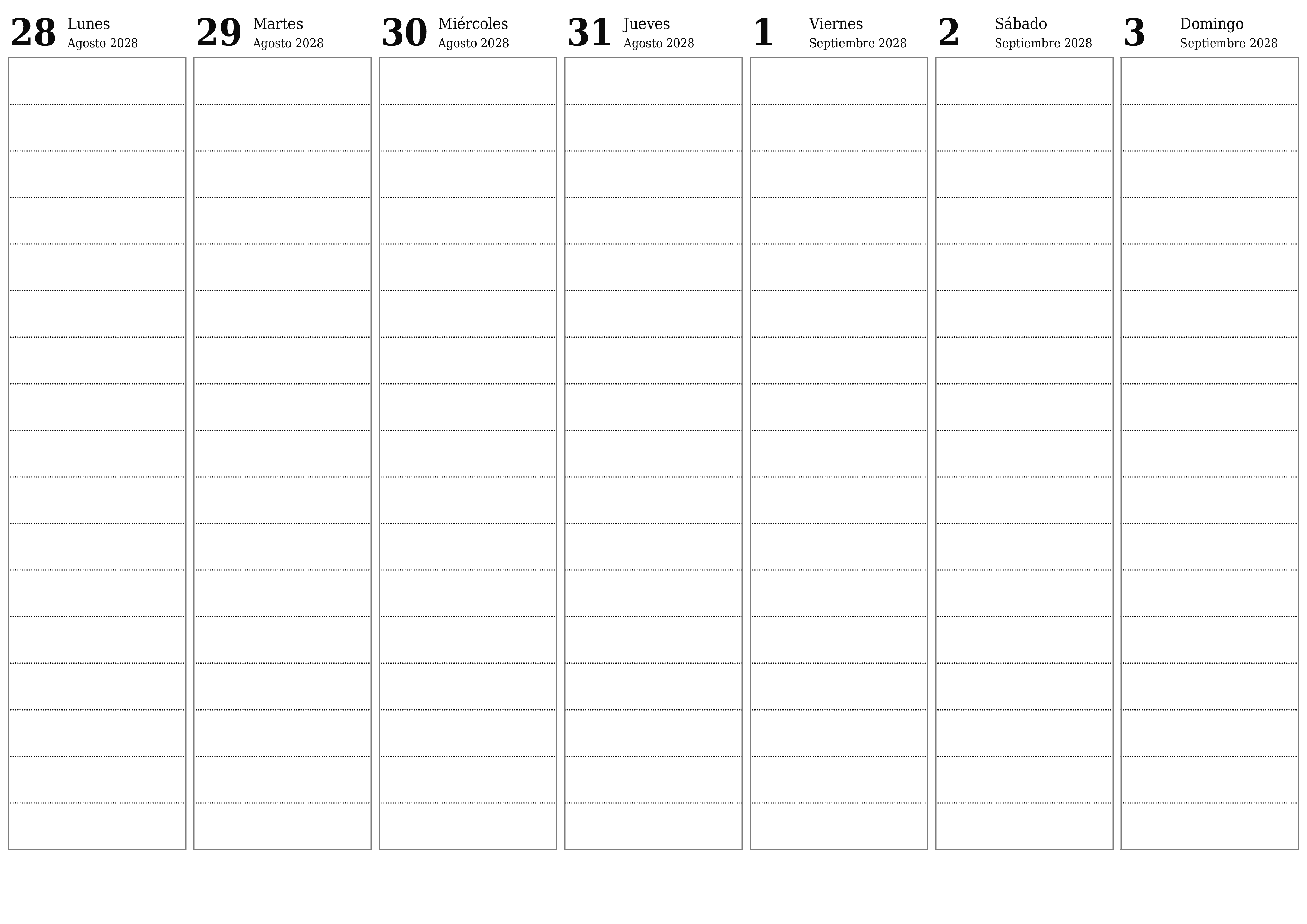 Planificador semanal vacío para semanas Septiembre 2028 con notas, guardar e imprimir en PDF PNG Spanish
