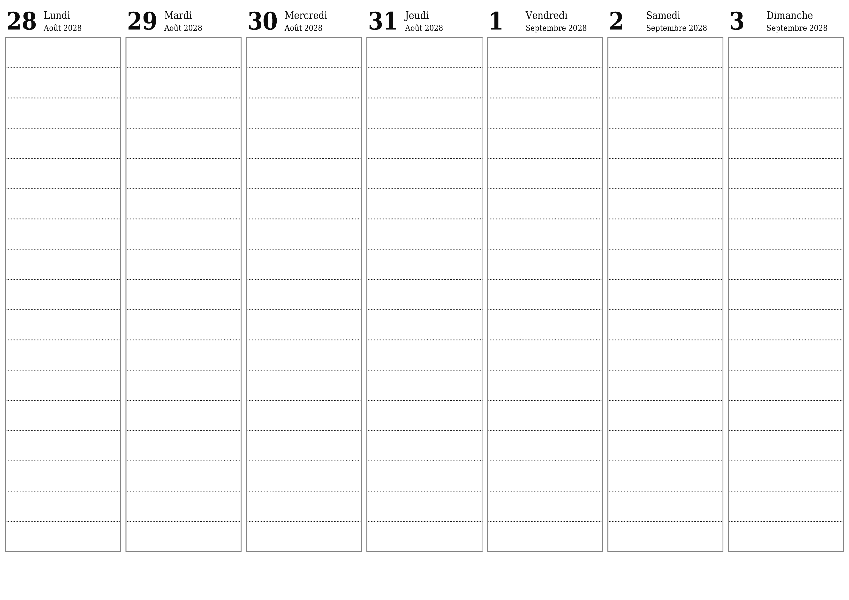 Agenda hebdomadaire vide pendant des semaines Septembre 2028 avec notes, enregistrez et imprimez au format PDF PNG French