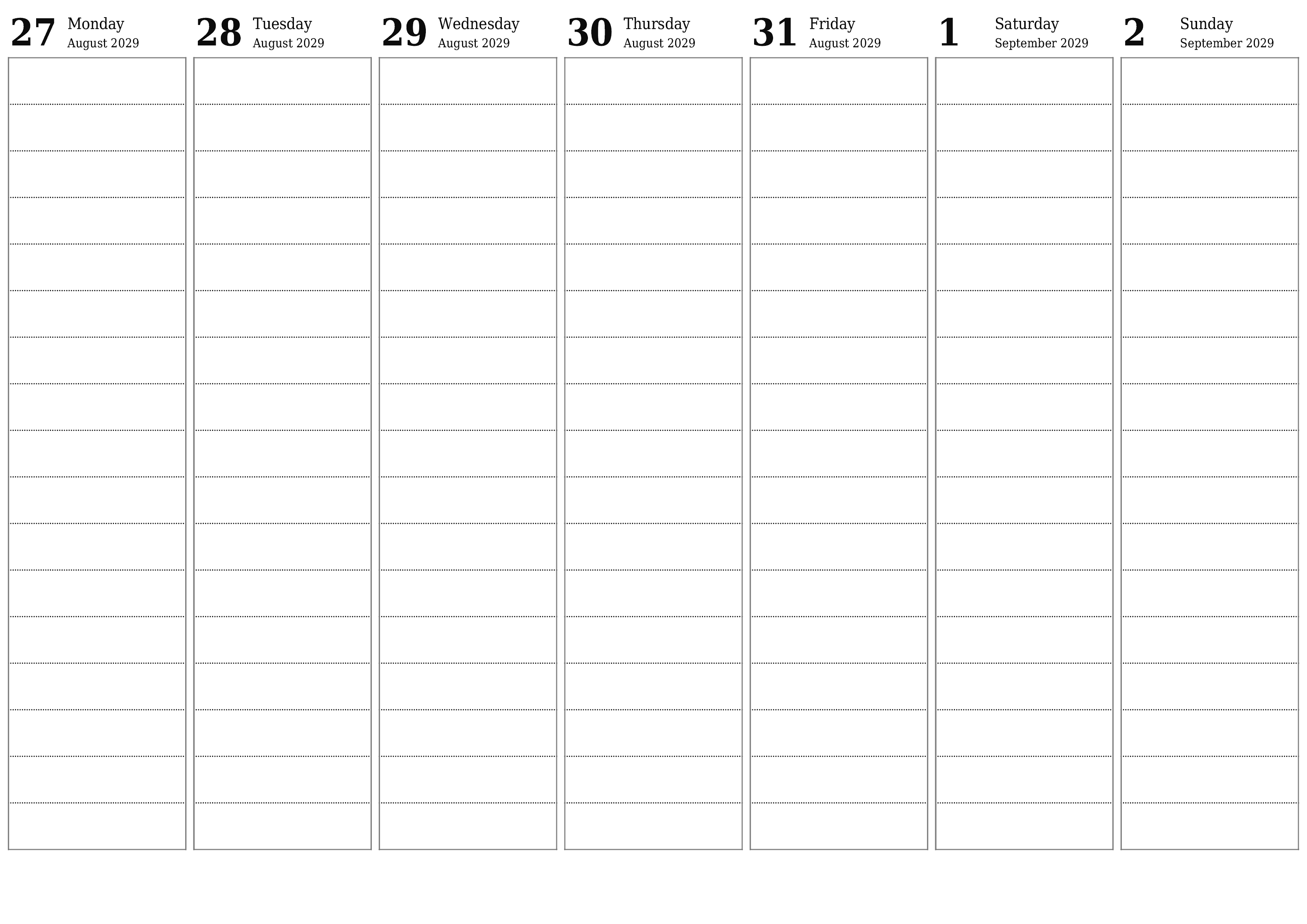 printable wall template free horizontal Weekly planner calendar September (Sep) 2029