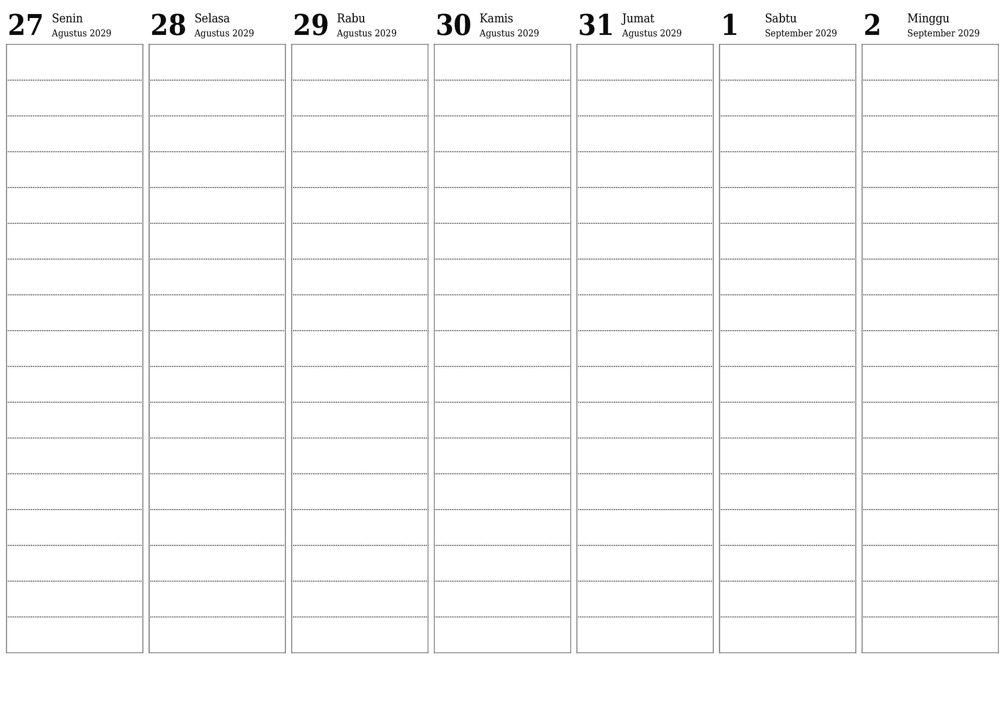 Kosongkan agenda mingguan untuk minggu September 2029 dengan catatan, simpan dan cetak ke PDF PNG Indonesian