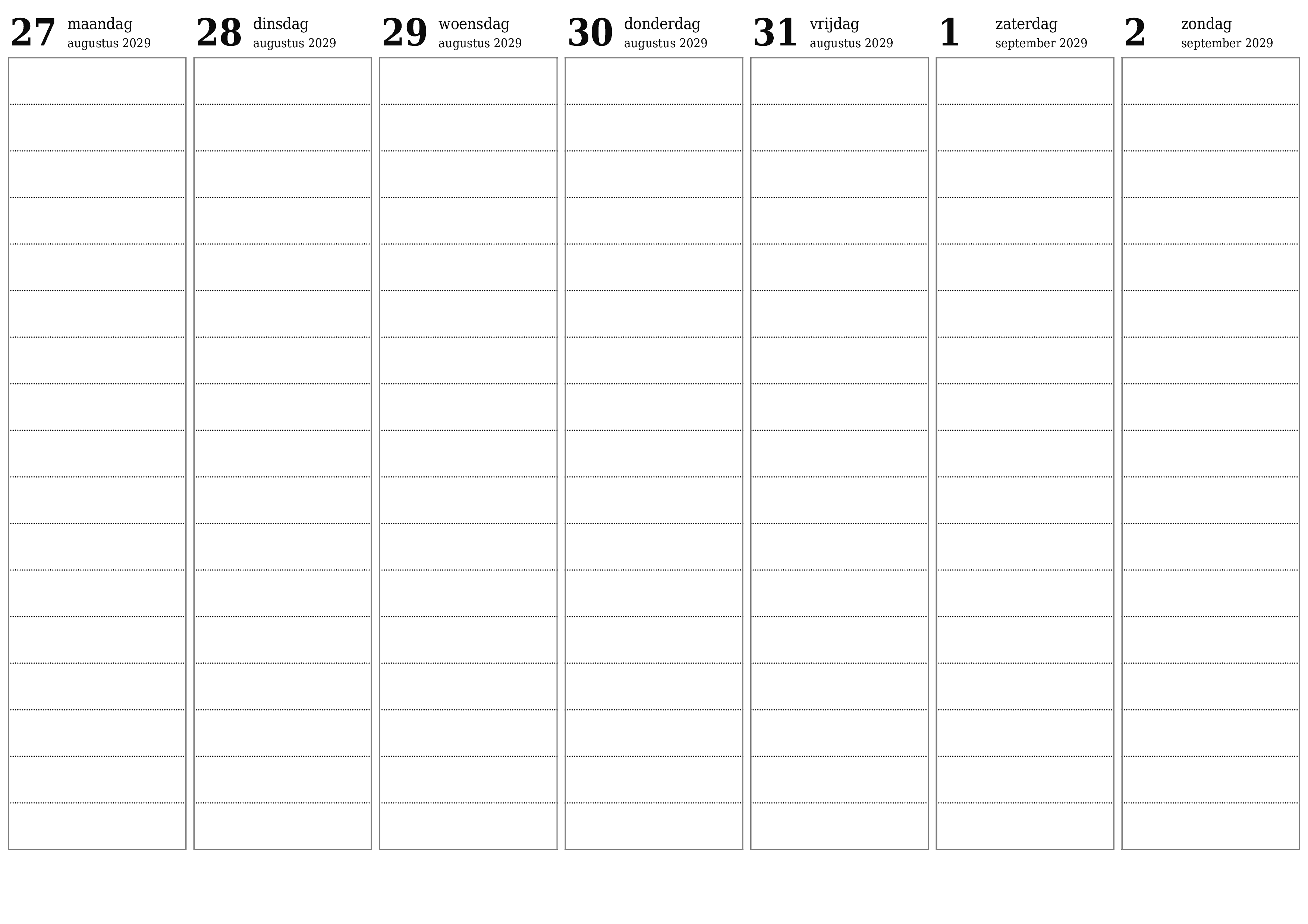 Lege weekplanner voor weken september 2029 met notities, opslaan en afdrukken naar pdf PNG Dutch