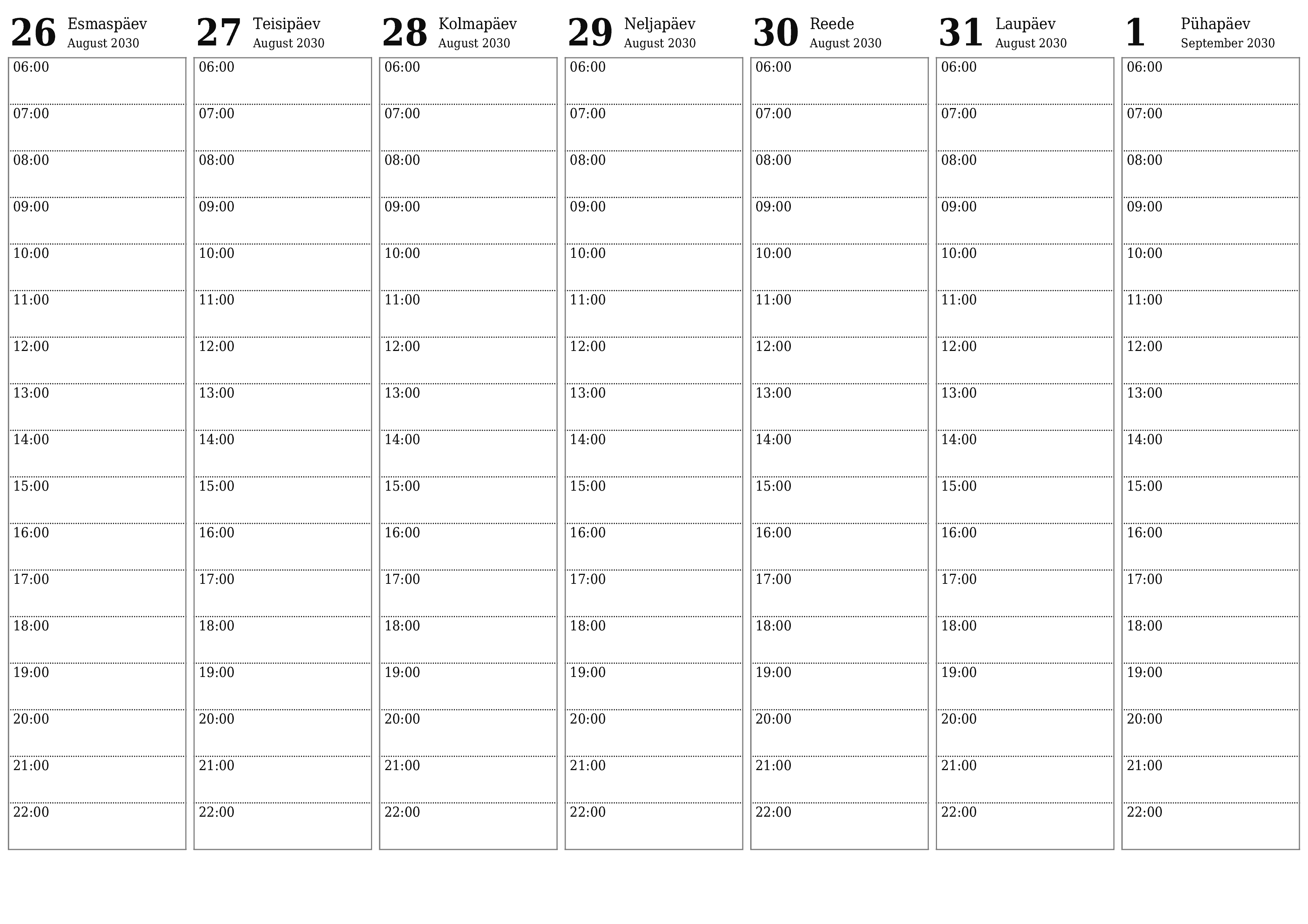 Tühjendage nädala planeerija nädalaid September 2030 märkmetega, salvestage ja printige PDF-i PNG Estonian