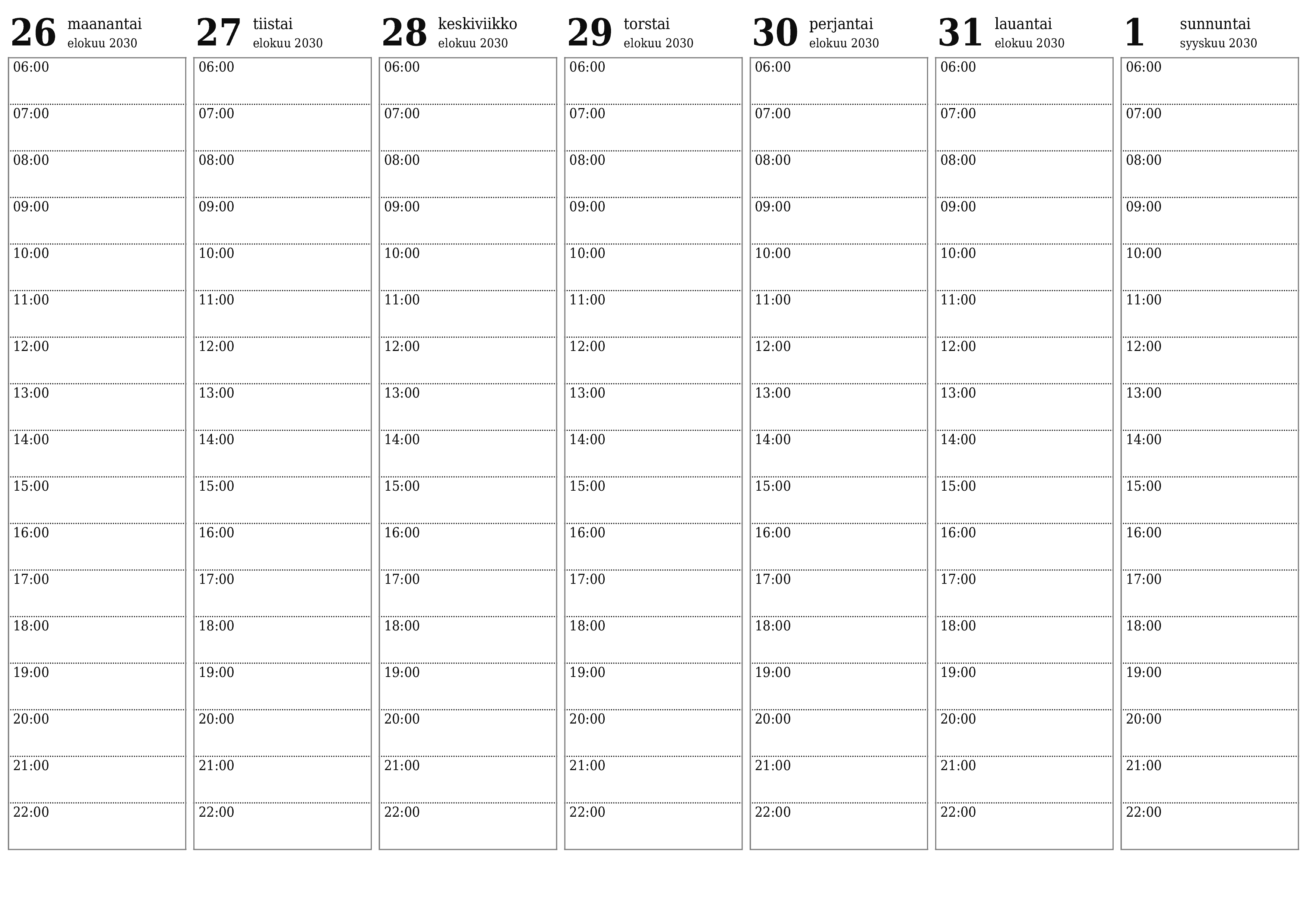 Tyhjennä viikkosuunnittelija viikkojen ajan Syyskuu 2030 muistiinpanoilla, tallenna ja tulosta PDF-muotoon PNG Finnish
