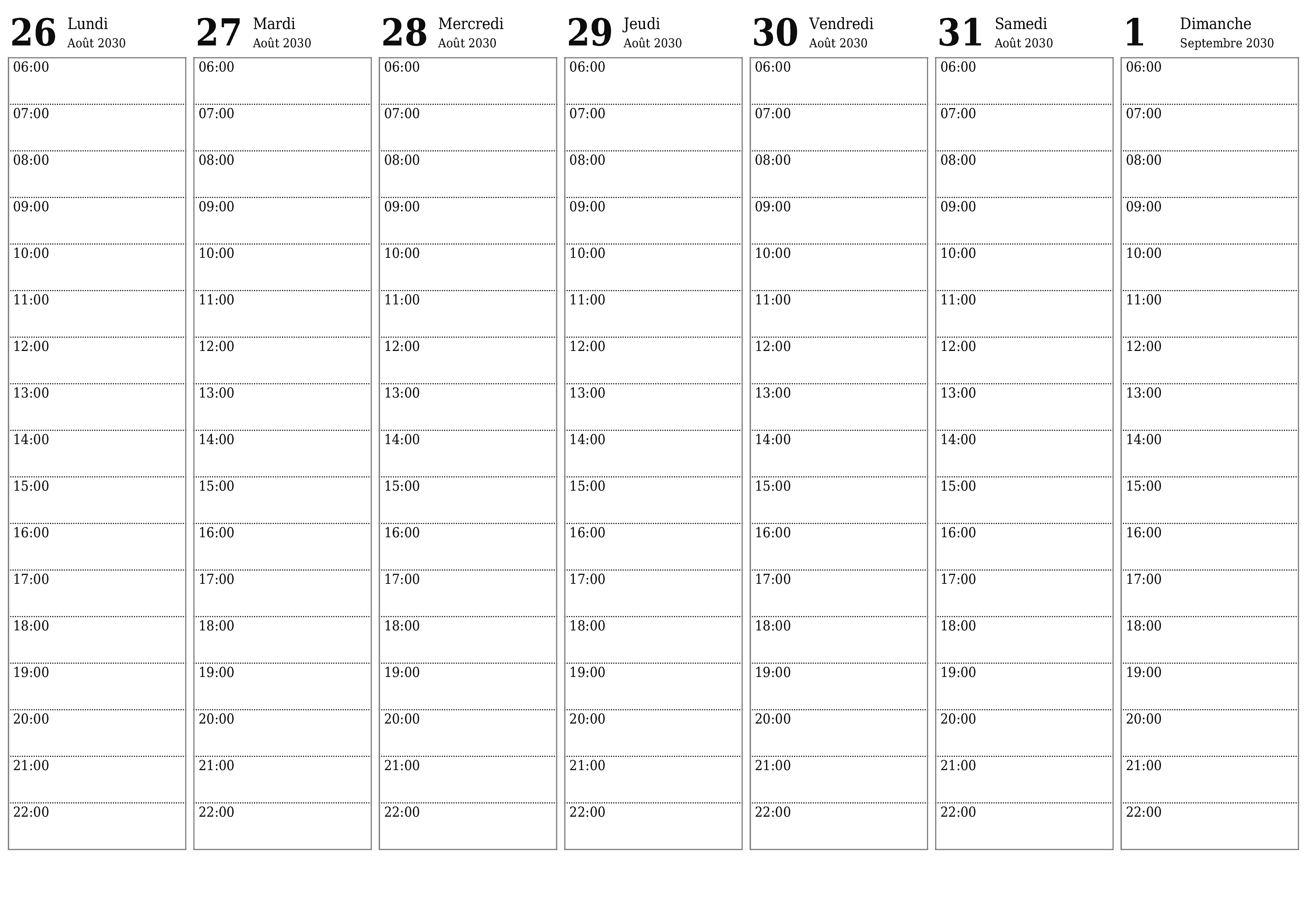 Agenda hebdomadaire vide pendant des semaines Septembre 2030 avec notes, enregistrez et imprimez au format PDF PNG French