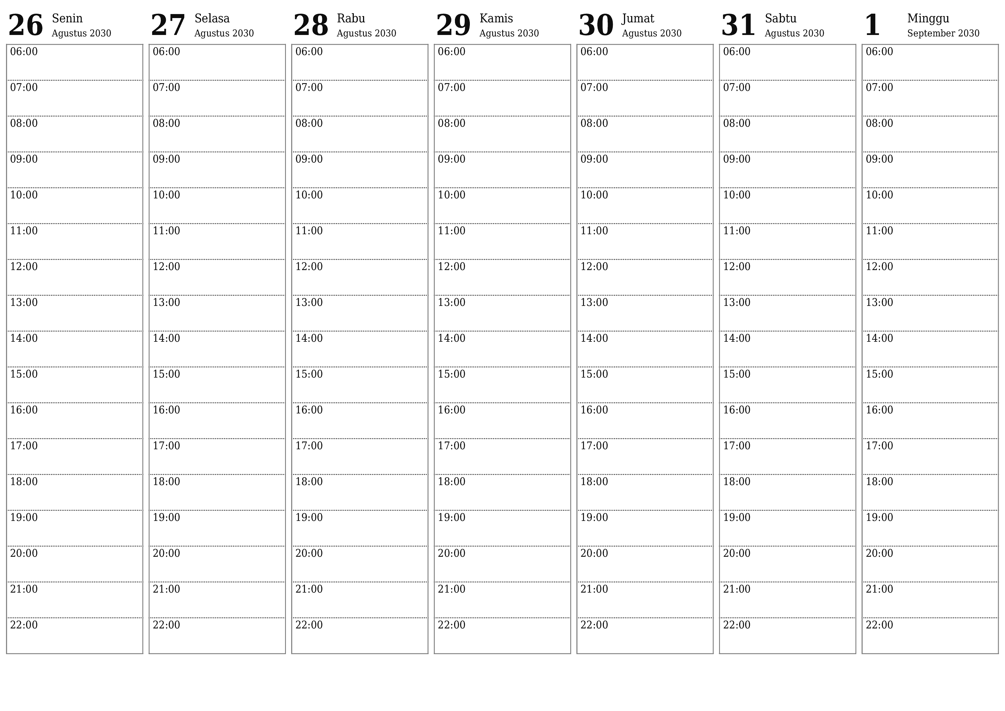 Kosongkan agenda mingguan untuk minggu September 2030 dengan catatan, simpan dan cetak ke PDF PNG Indonesian