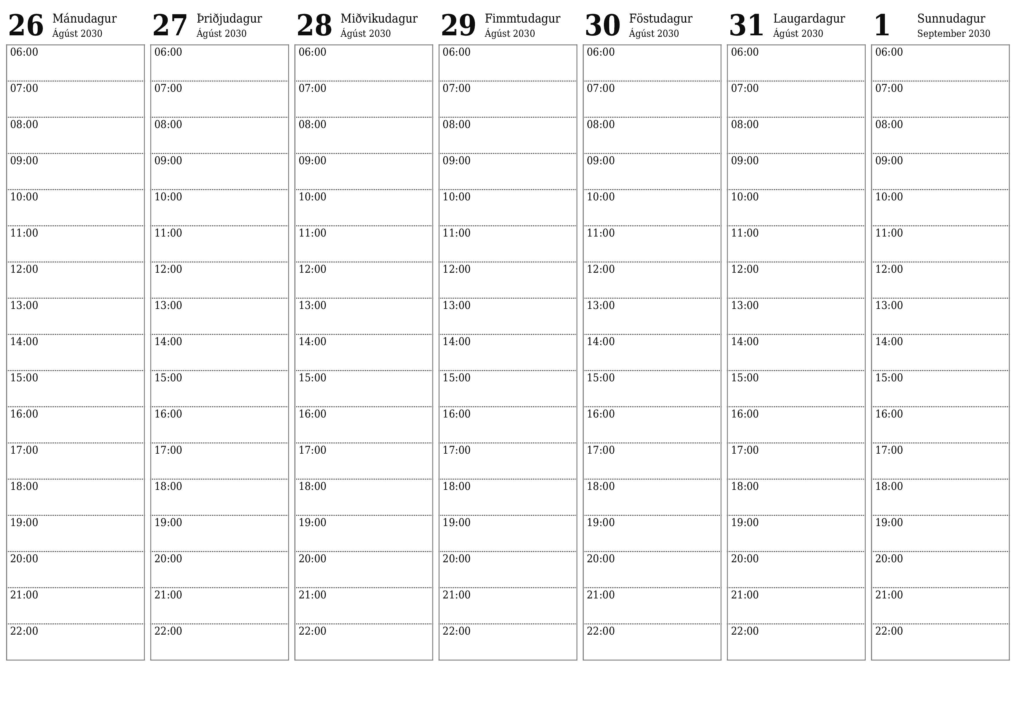 Tómur vikulegur skipuleggjandi vikum saman September 2030 með athugasemdum, vistaðu og prentaðu á PDF PNG Icelandic
