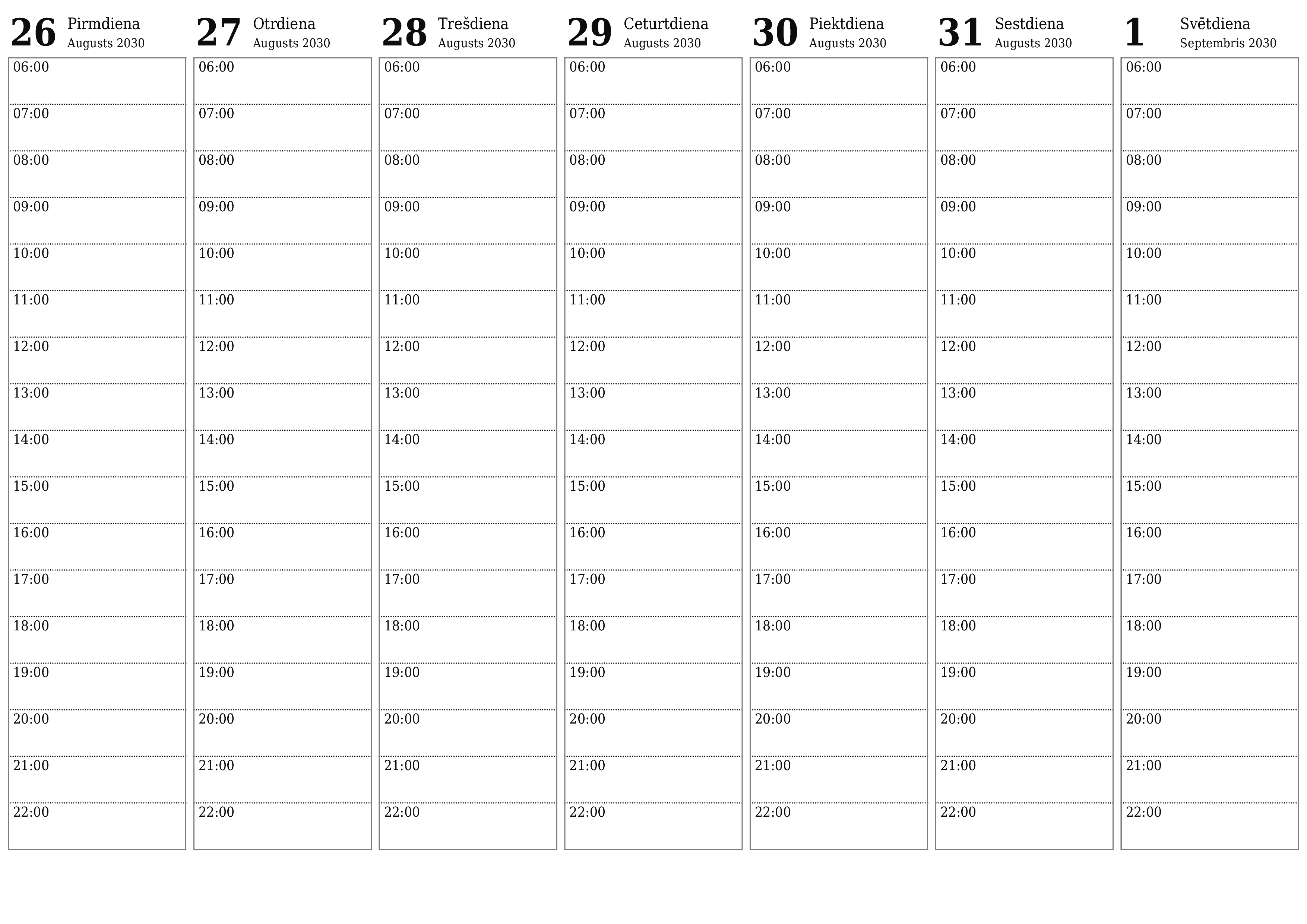 Iztukšojiet nedēļas plānotāju nedēļām Septembris 2030 ar piezīmēm, saglabājiet un izdrukājiet PDF formātā PNG Latvian