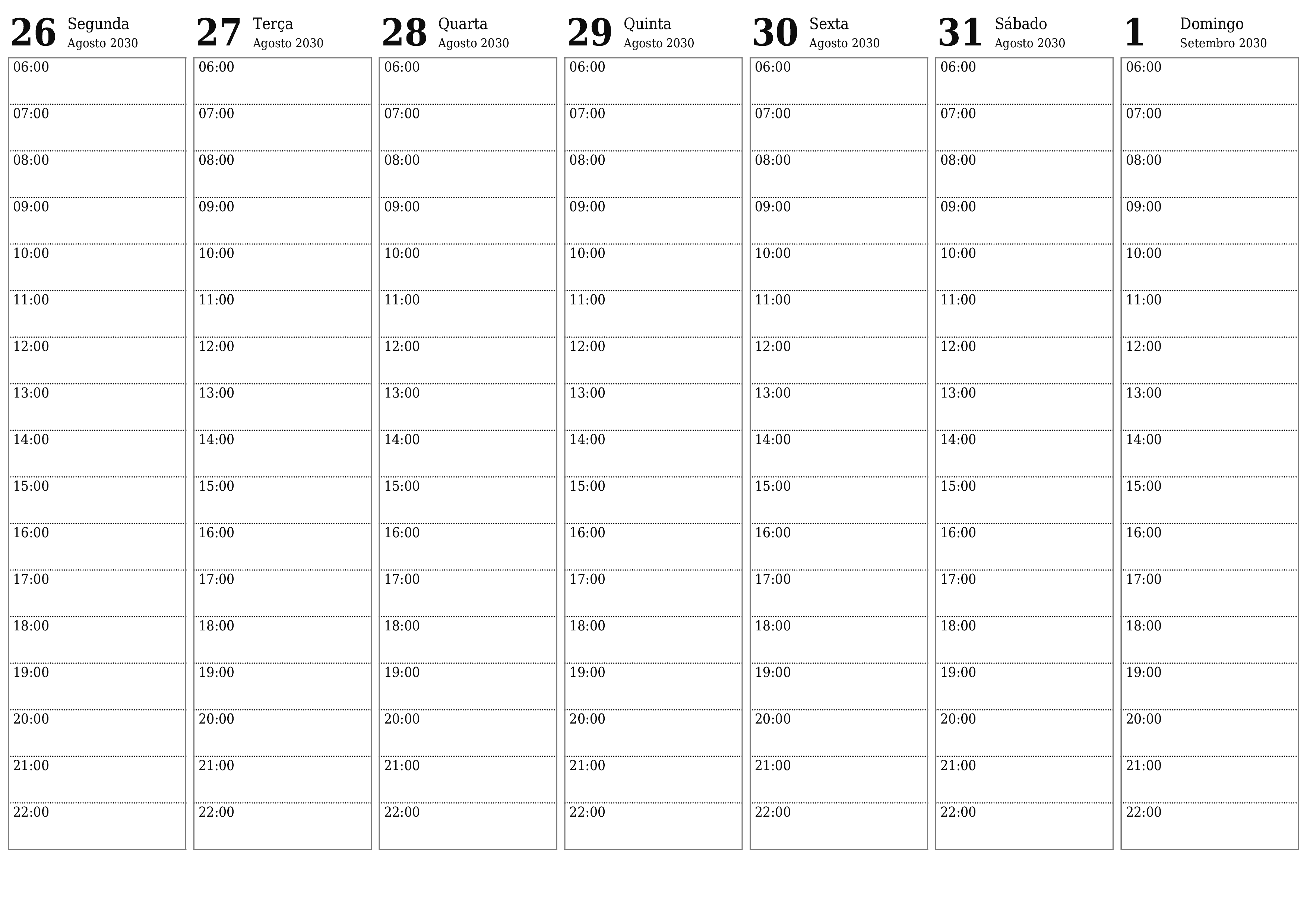 Esvazie o planejador semanal por semanas Setembro 2030 com notas, salve e imprima em PDF PNG Portuguese