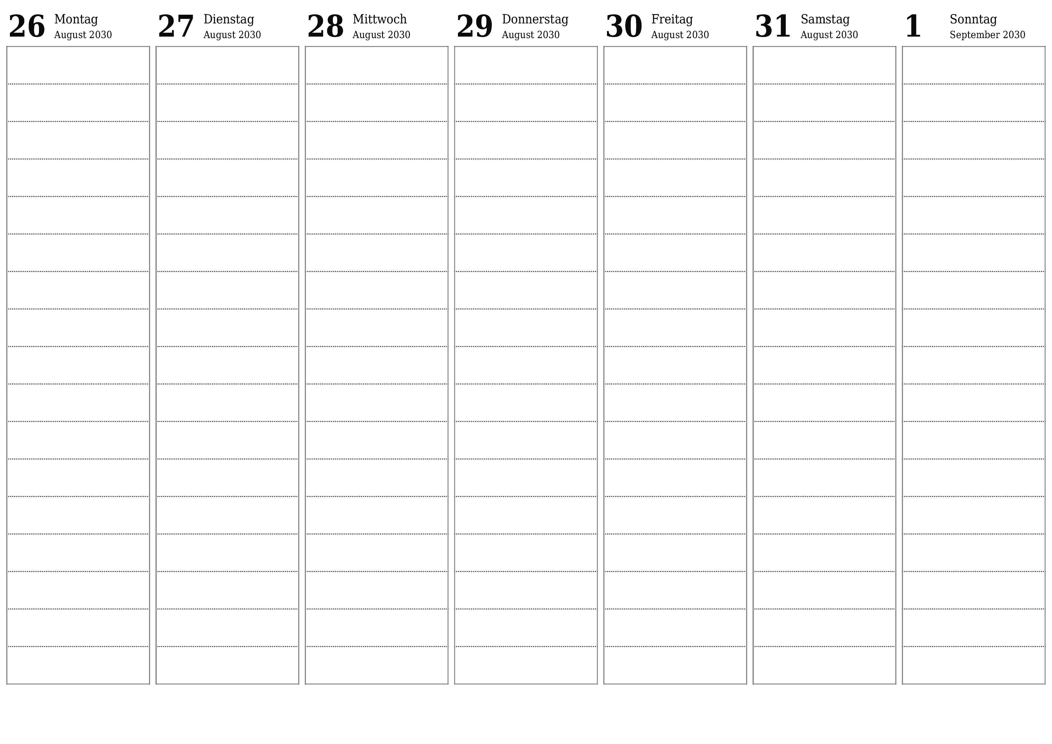 Wochenplaner für Wochen September 2030 mit Notizen leeren, speichern und als PDF drucken PNG German