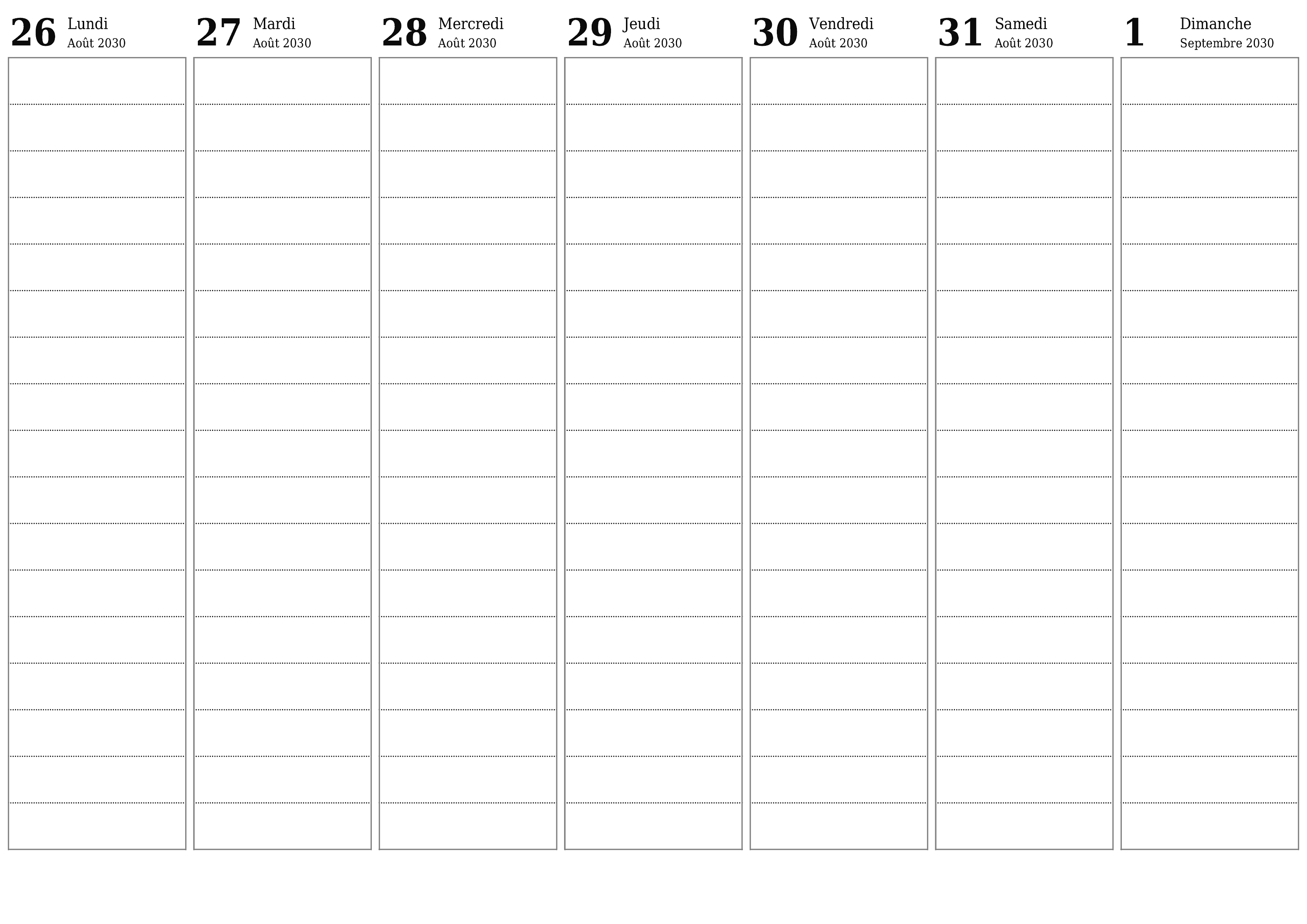 Agenda hebdomadaire vide pendant des semaines Septembre 2030 avec notes, enregistrez et imprimez au format PDF PNG French