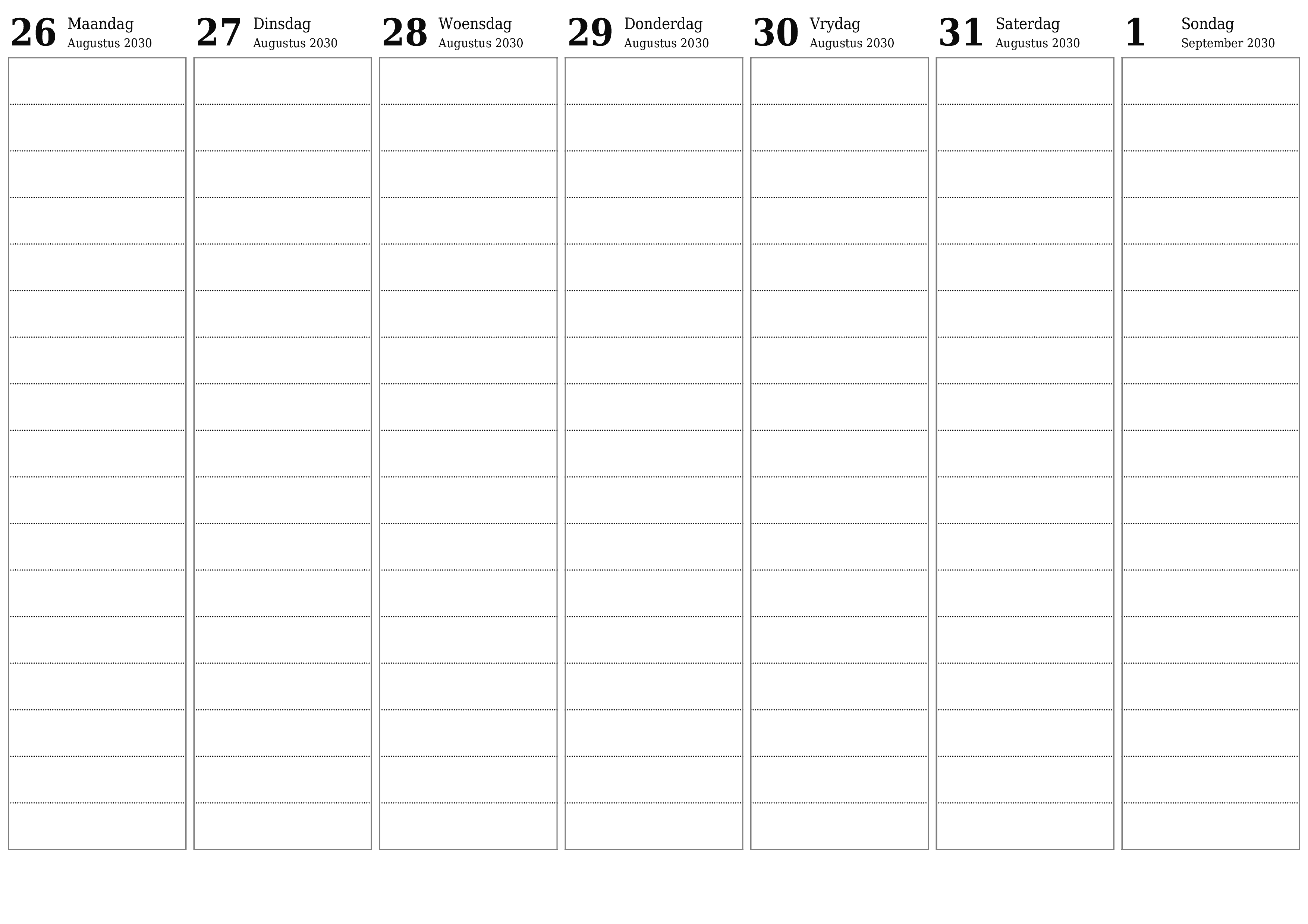 Leë weeklikse drukbare kalender en beplanner vir week September 2030 met notas, stoor en druk na PDF PNG Afrikaans