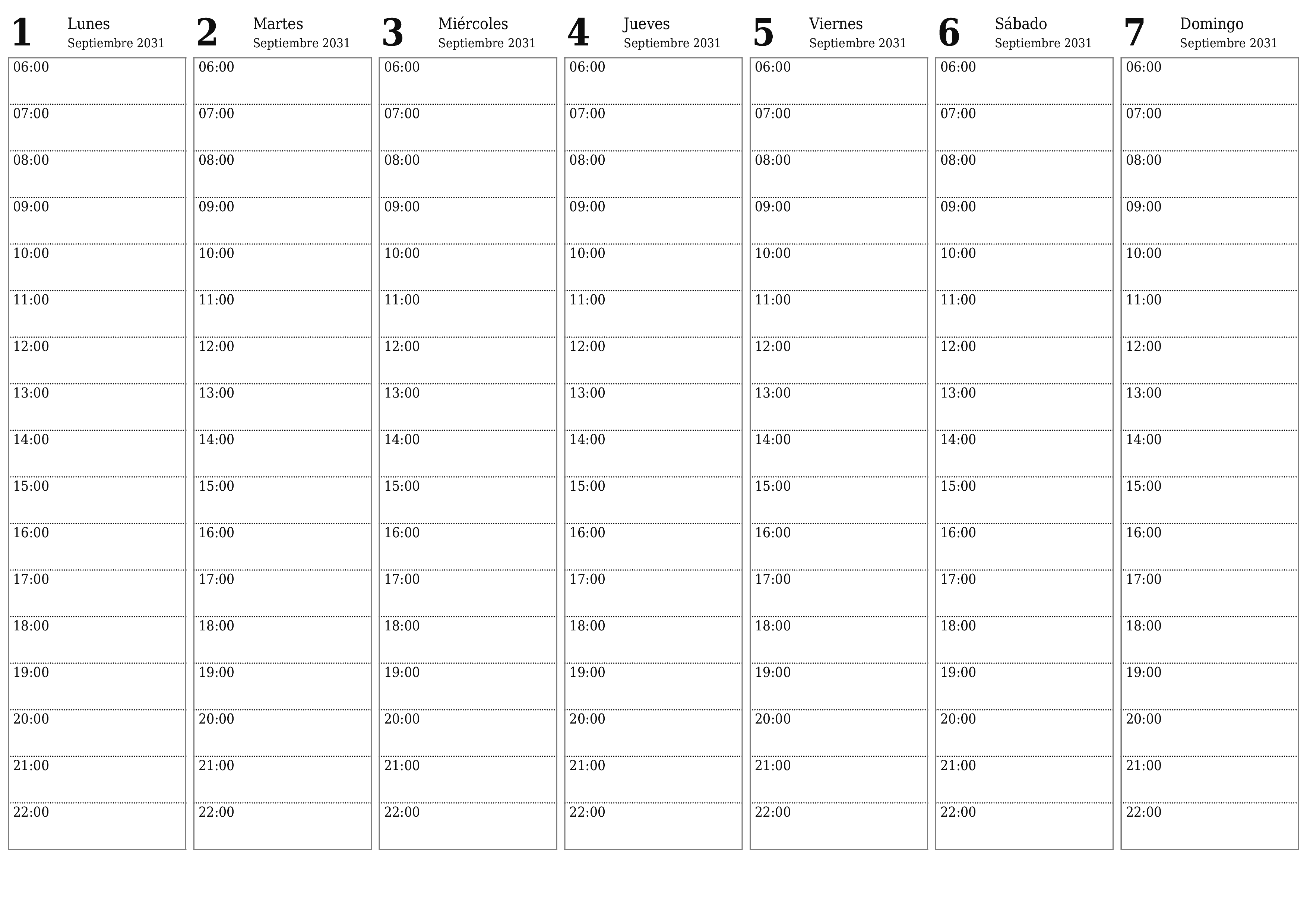 Planificador semanal vacío para semanas Septiembre 2031 con notas, guardar e imprimir en PDF PNG Spanish
