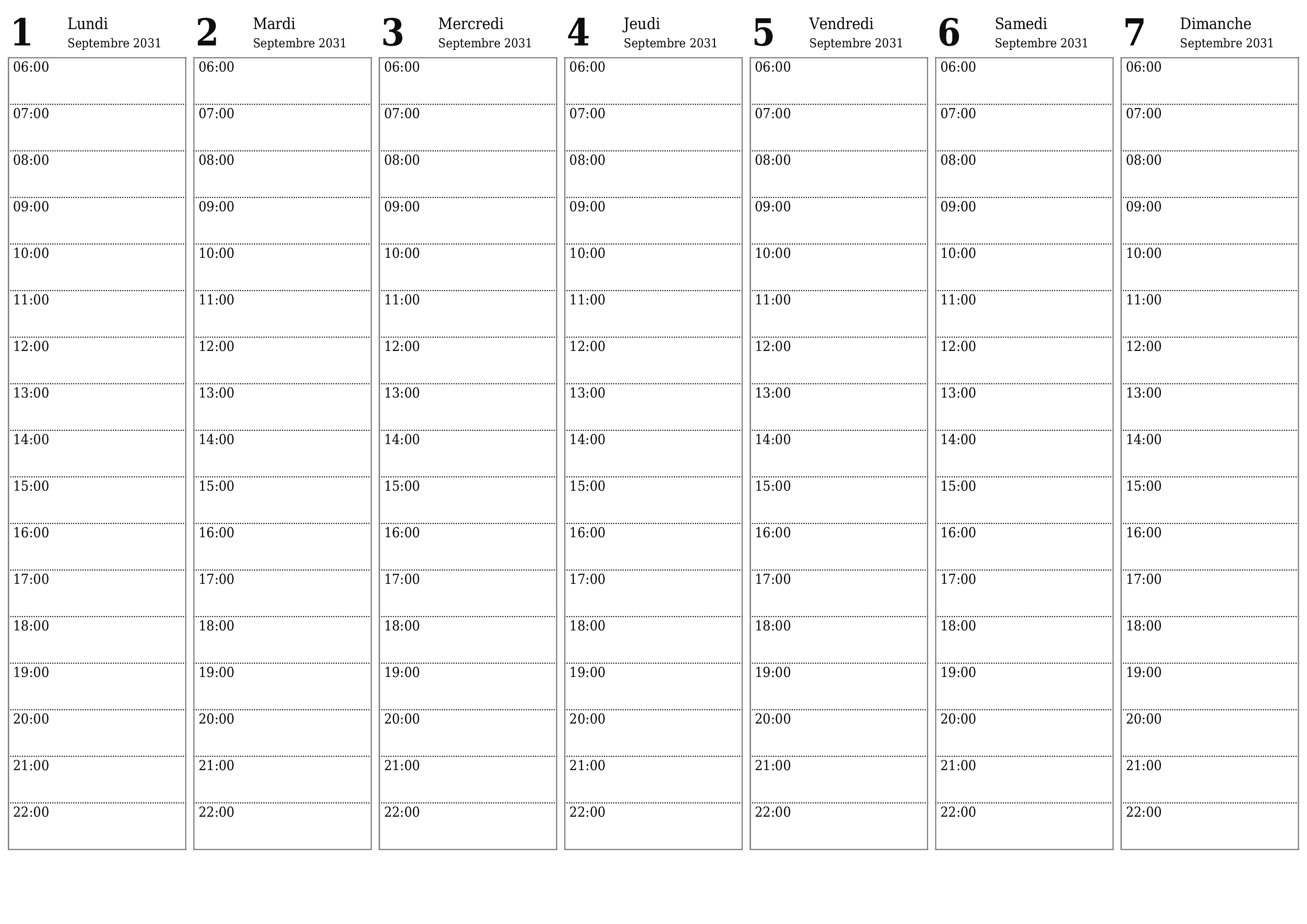 Agenda hebdomadaire vide pendant des semaines Septembre 2031 avec notes, enregistrez et imprimez au format PDF PNG French
