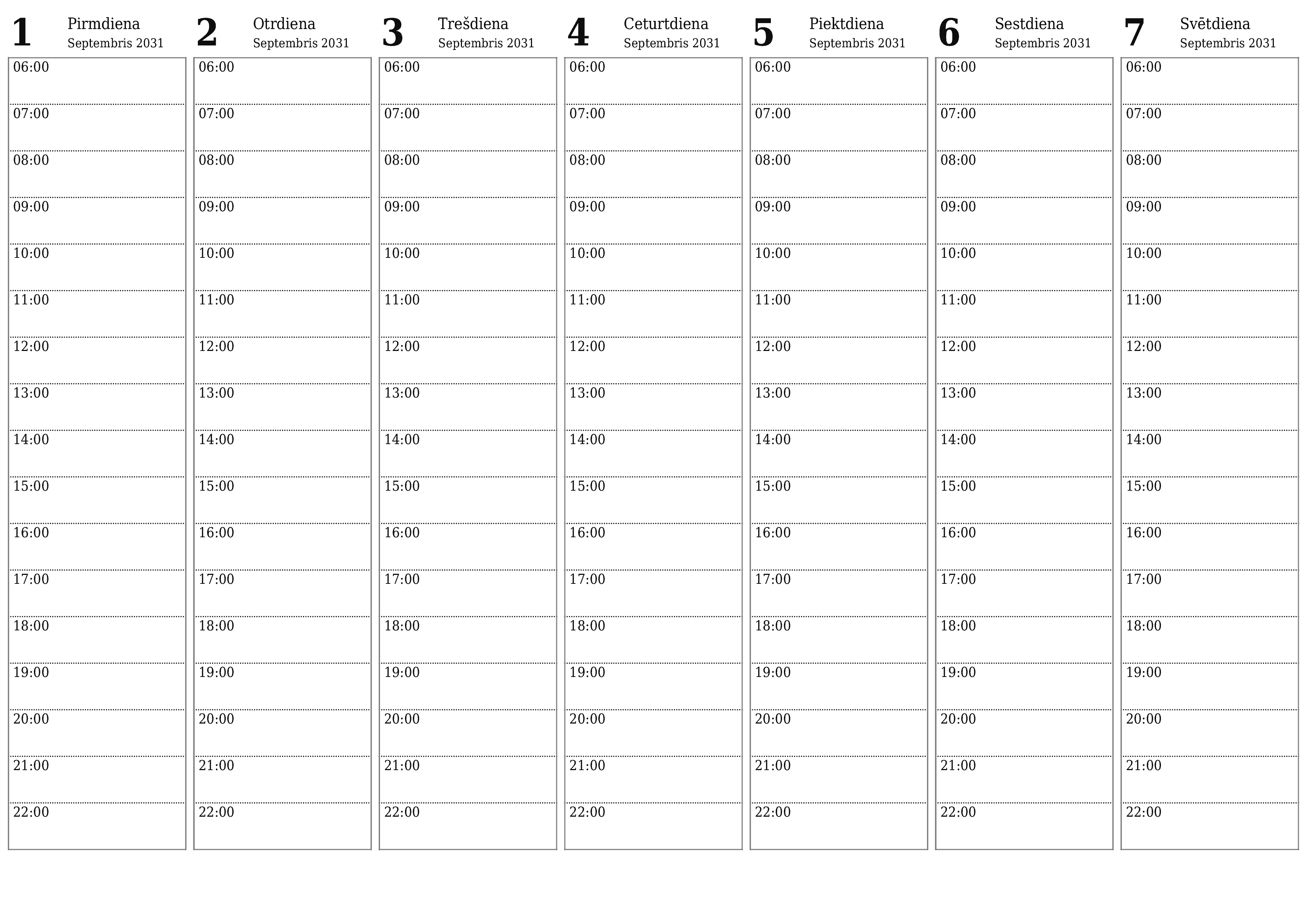 Iztukšojiet nedēļas plānotāju nedēļām Septembris 2031 ar piezīmēm, saglabājiet un izdrukājiet PDF formātā PNG Latvian