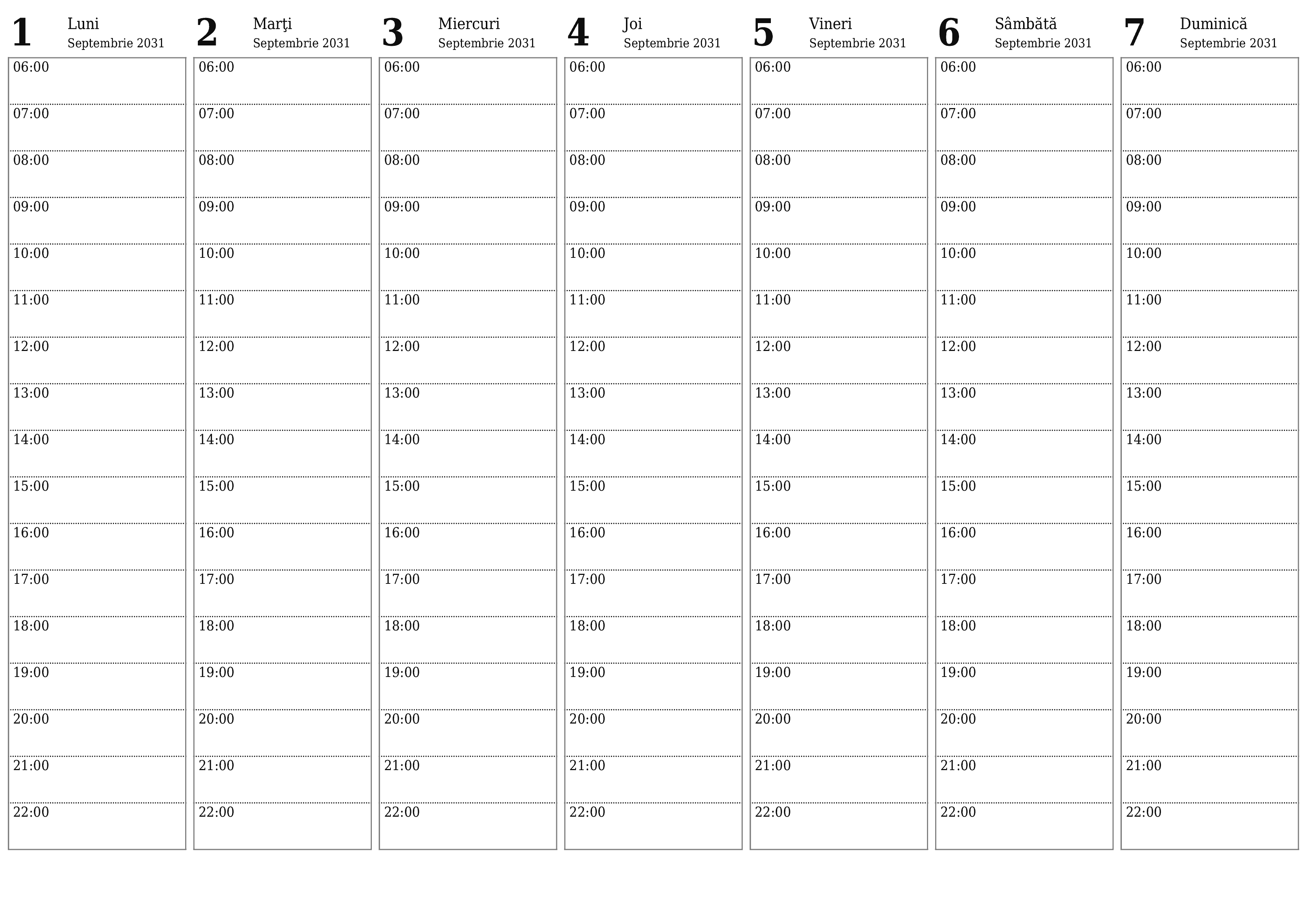 Planificator săptămânal gol pentru săptămâni Septembrie 2031 cu note, salvați și tipăriți în PDF PNG Romanian