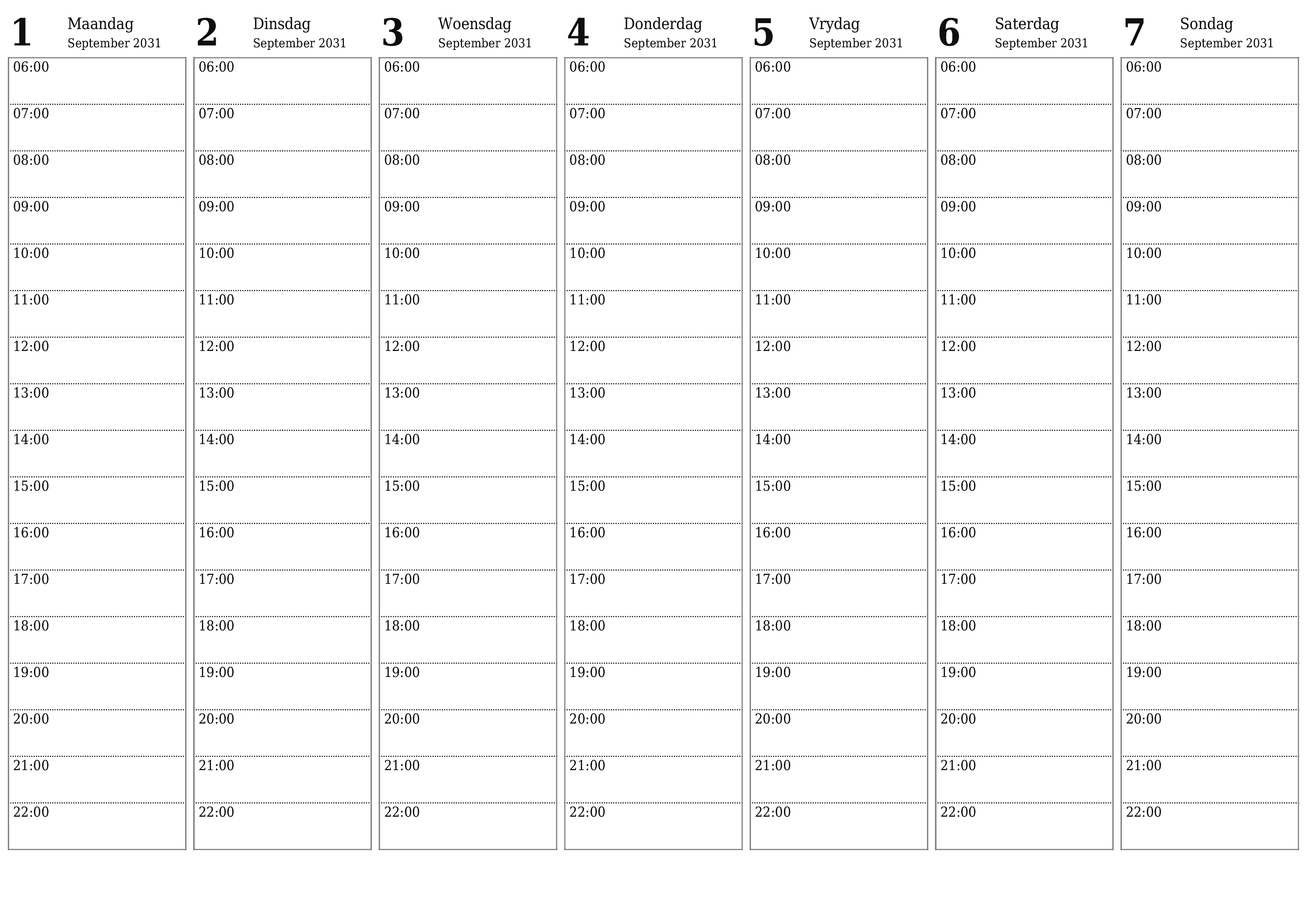 Leë weeklikse drukbare kalender en beplanner vir week September 2031 met notas, stoor en druk na PDF PNG Afrikaans