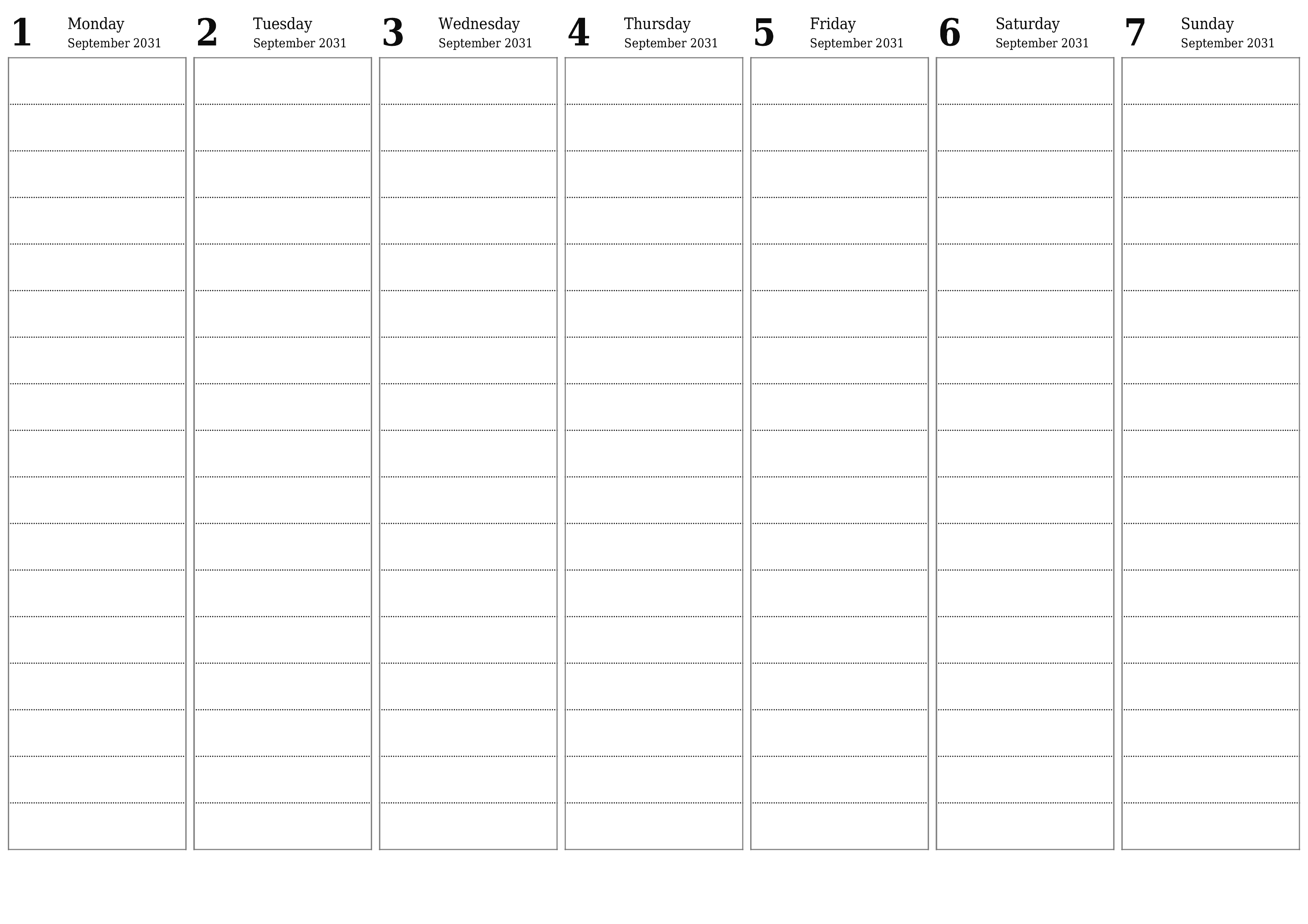 printable wall template free horizontal Weekly planner calendar September (Sep) 2031