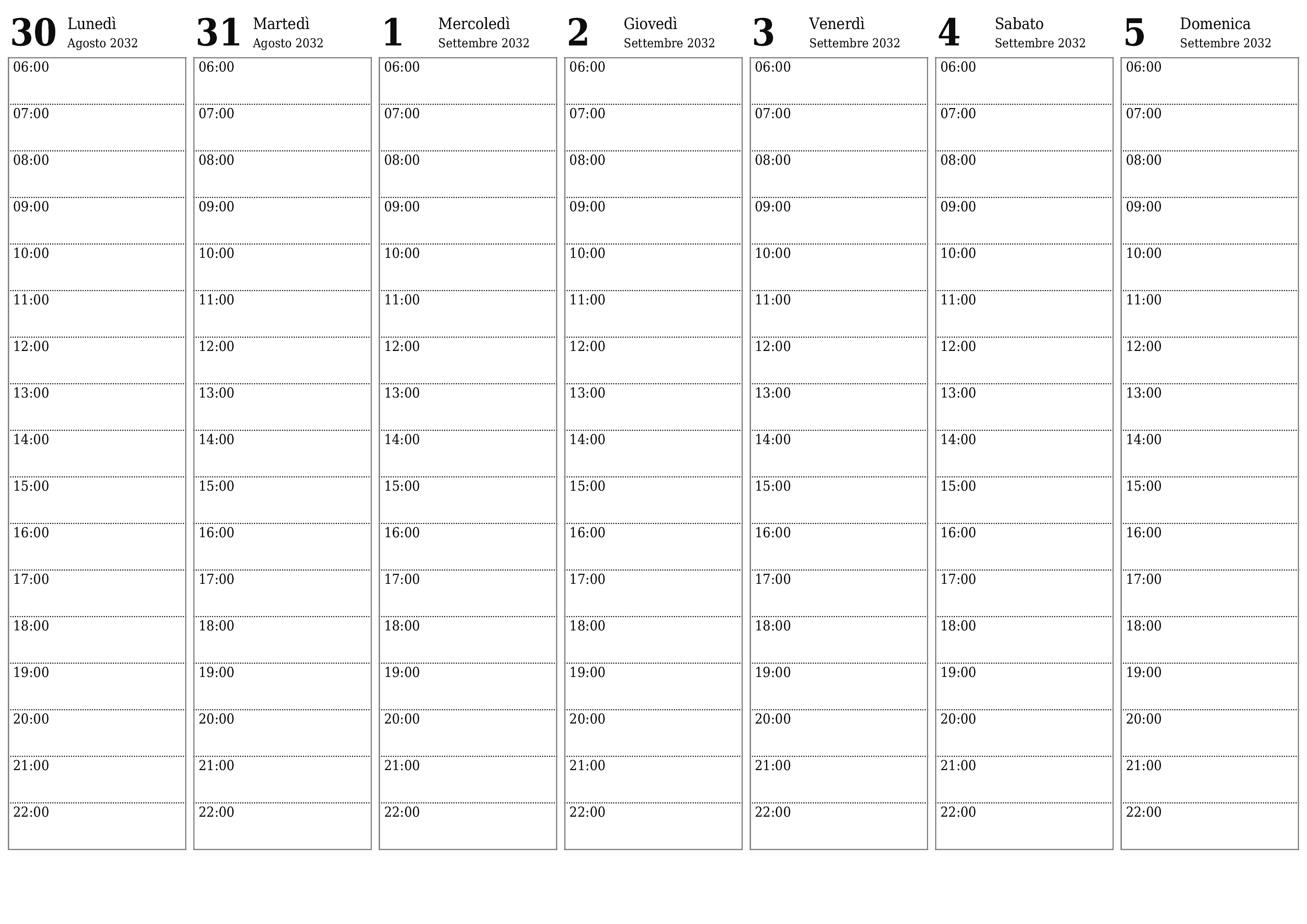 Agenda settimanale vuota per settimane Settembre 2032 con note, salva e stampa in PDF PNG Italian