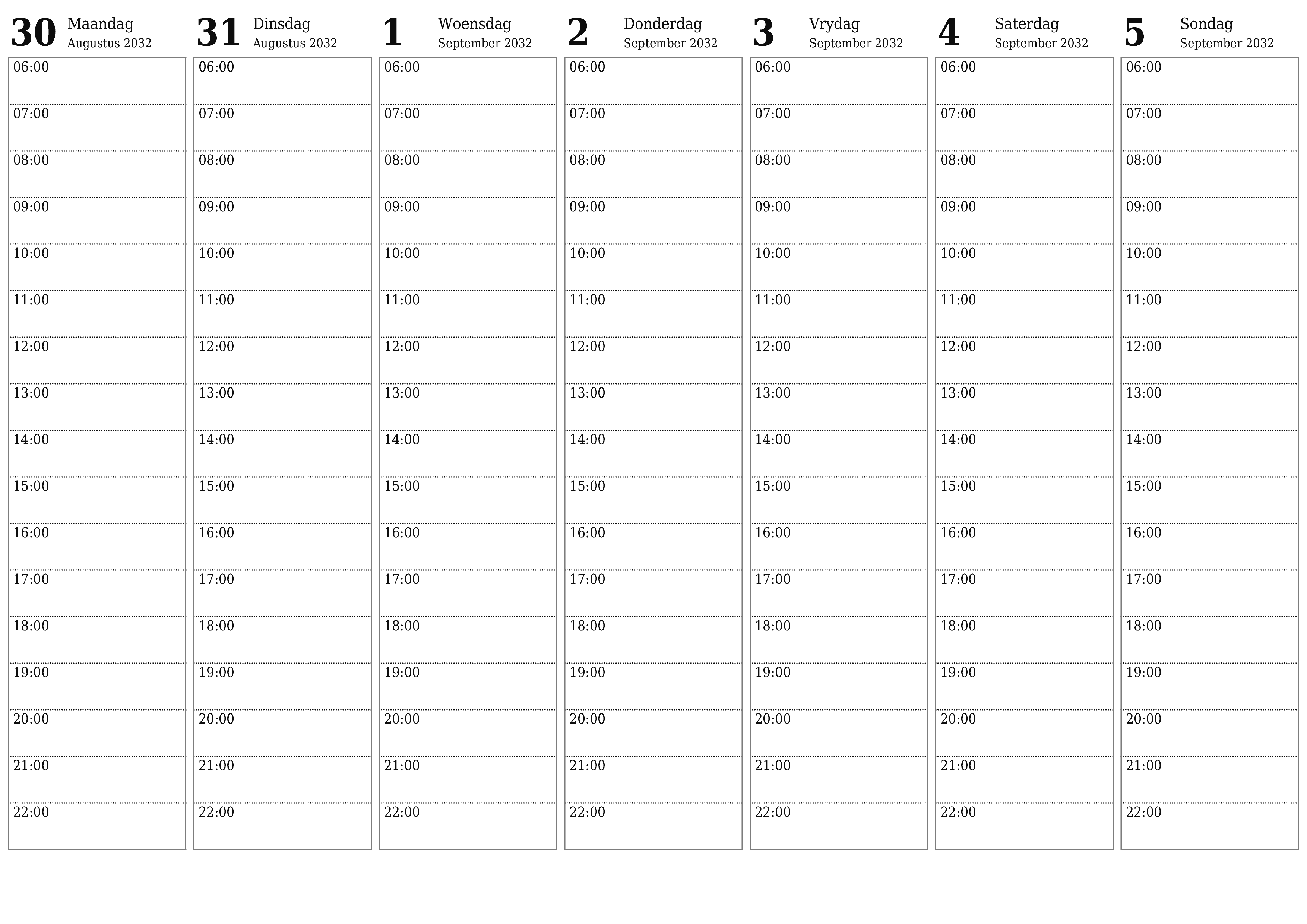 Leë weeklikse drukbare kalender en beplanner vir week September 2032 met notas, stoor en druk na PDF PNG Afrikaans