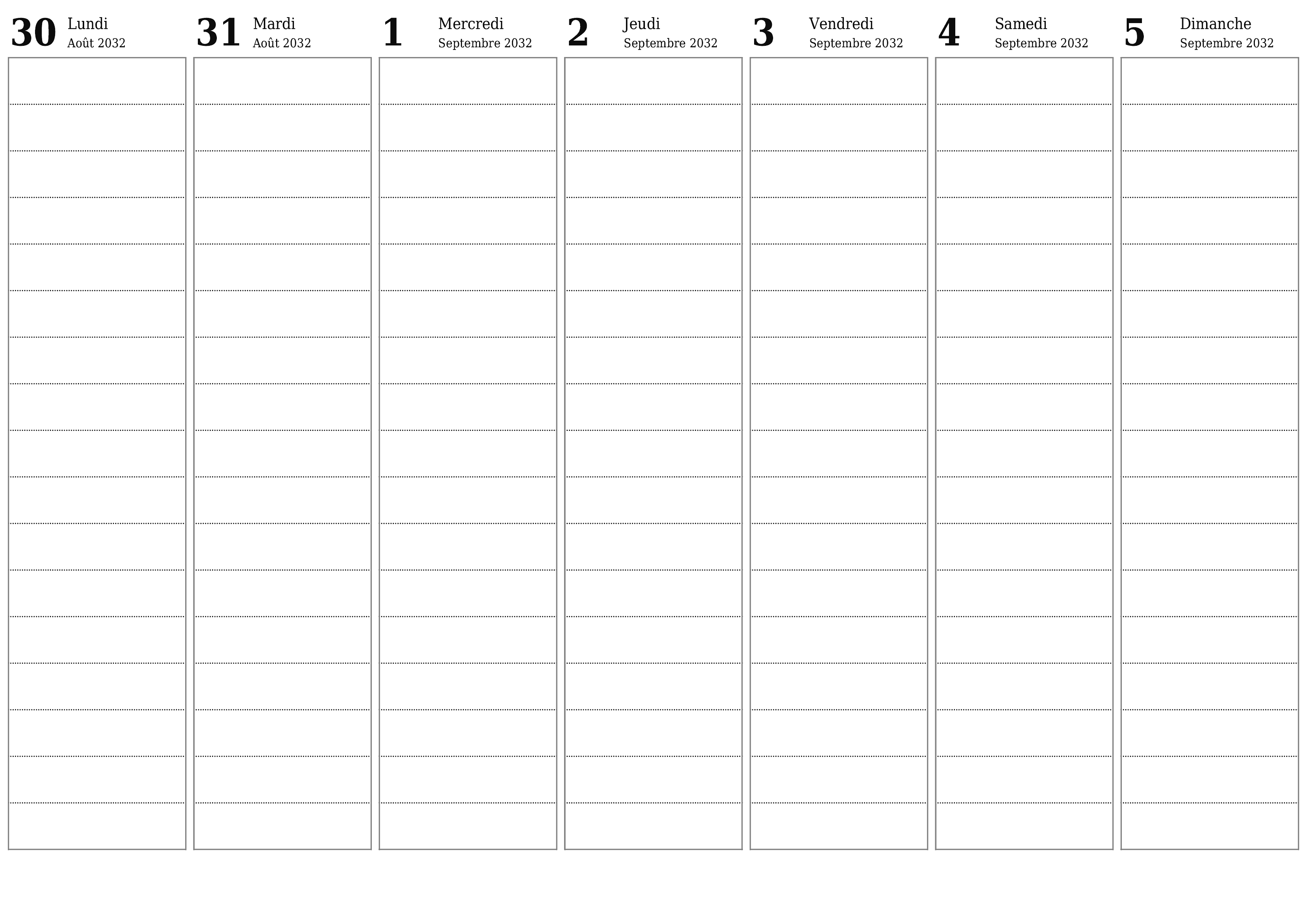 Agenda hebdomadaire vide pendant des semaines Septembre 2032 avec notes, enregistrez et imprimez au format PDF PNG French