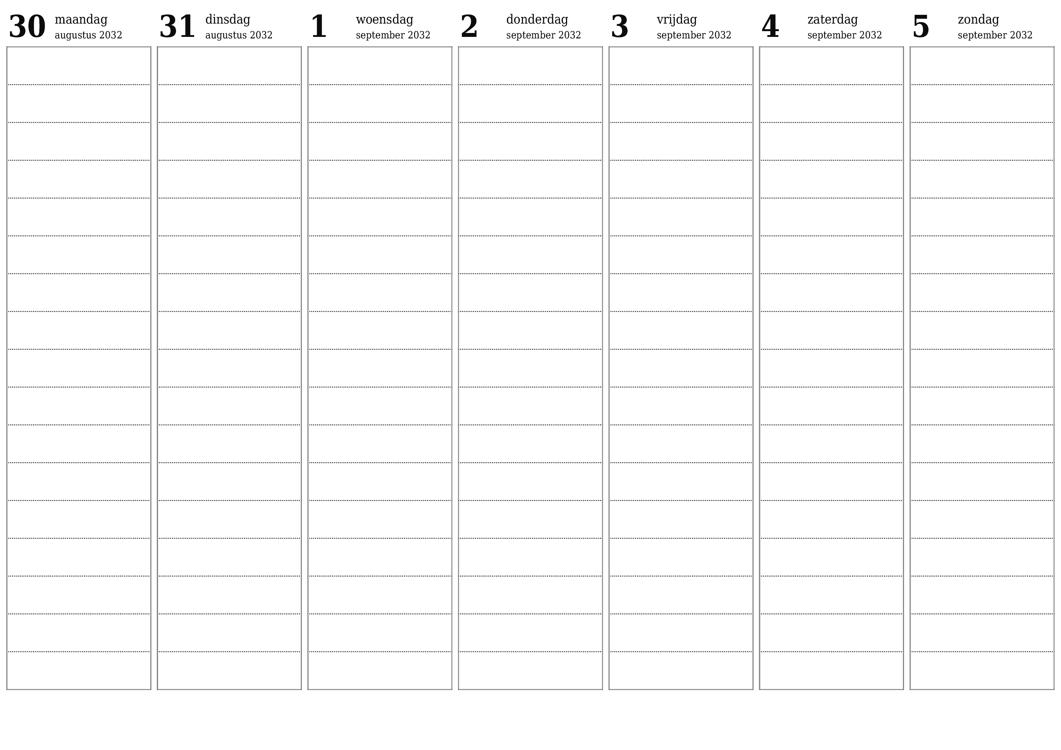 Lege weekplanner voor weken september 2032 met notities, opslaan en afdrukken naar pdf PNG Dutch