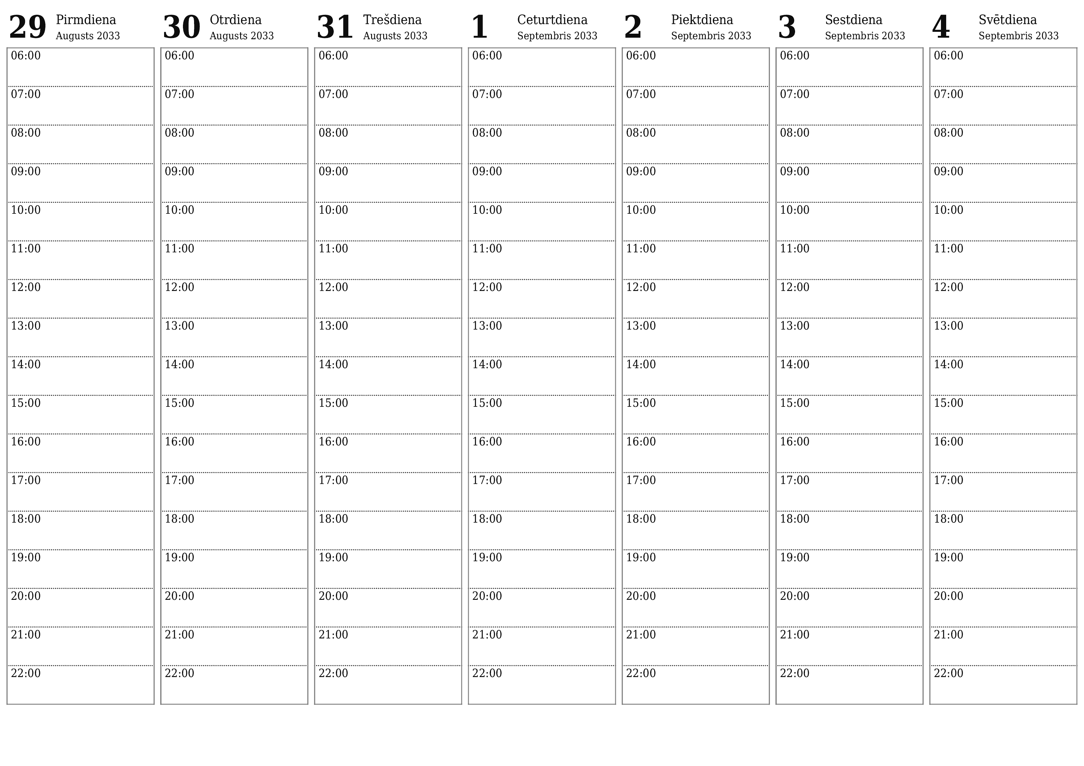 Iztukšojiet nedēļas plānotāju nedēļām Septembris 2033 ar piezīmēm, saglabājiet un izdrukājiet PDF formātā PNG Latvian