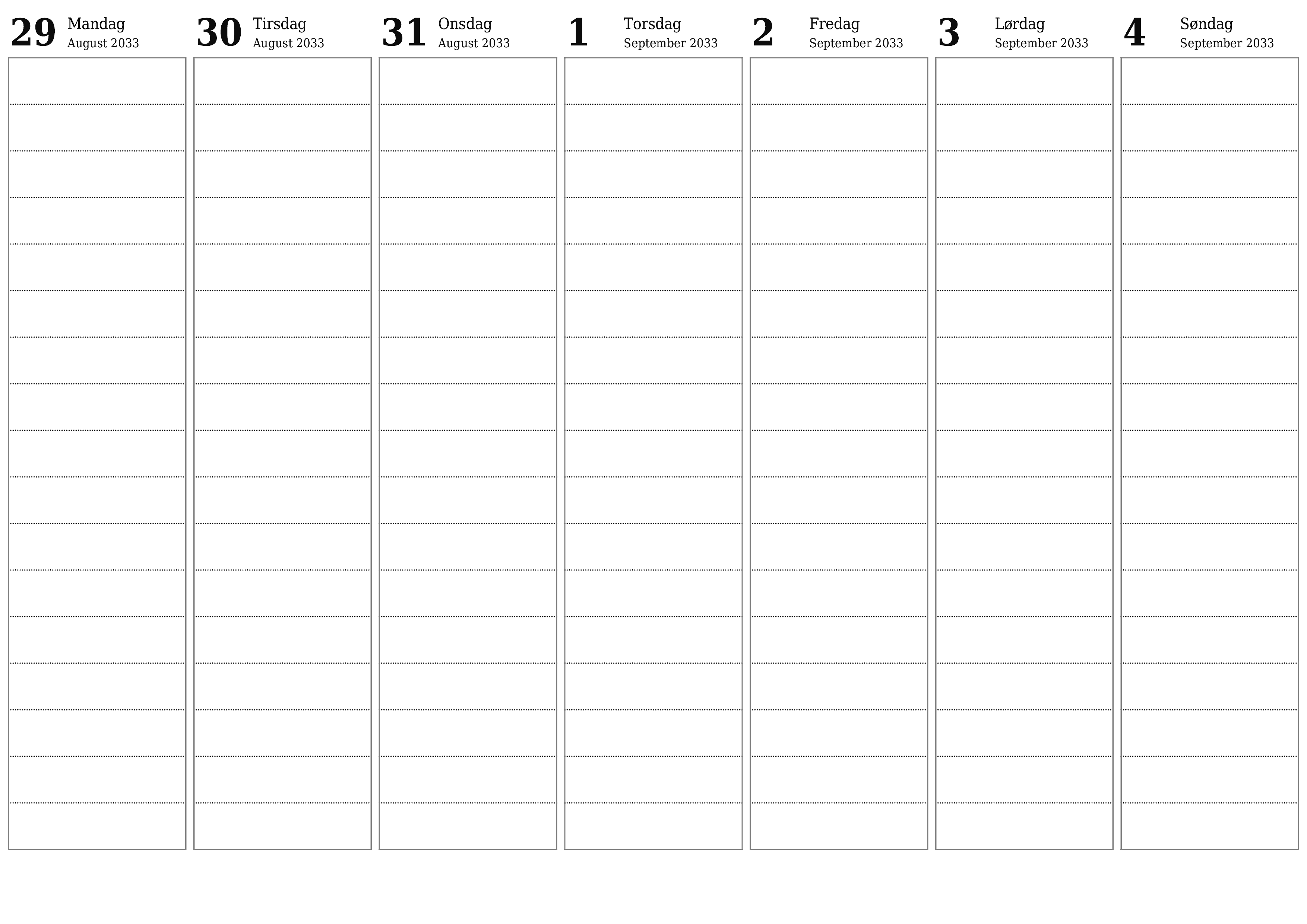 udskrivbar væg skabelon gratis vandret Ugentligt planlægger kalender September (Sep) 2033