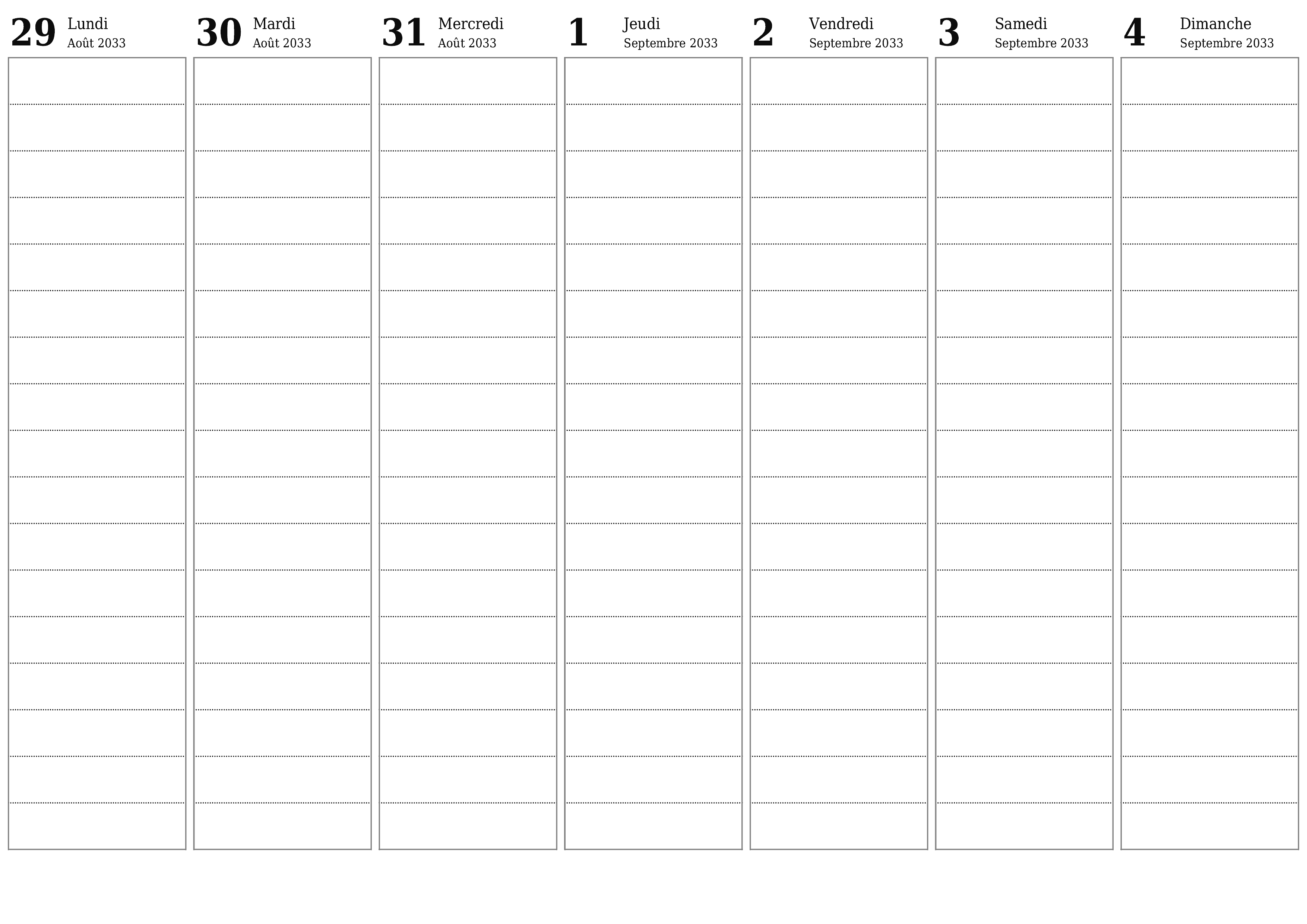 Agenda hebdomadaire vide pendant des semaines Septembre 2033 avec notes, enregistrez et imprimez au format PDF PNG French