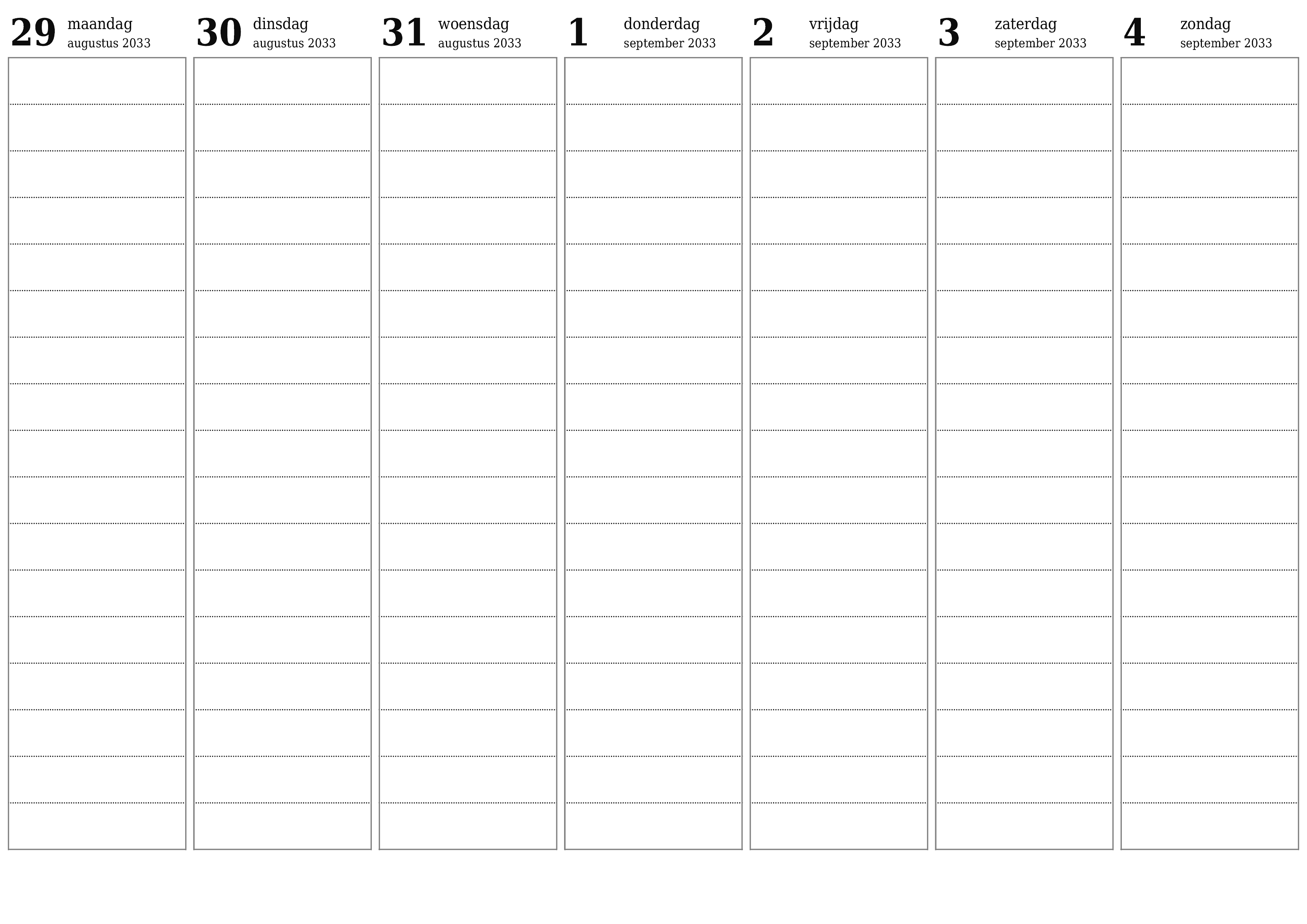 Lege weekplanner voor weken september 2033 met notities, opslaan en afdrukken naar pdf PNG Dutch