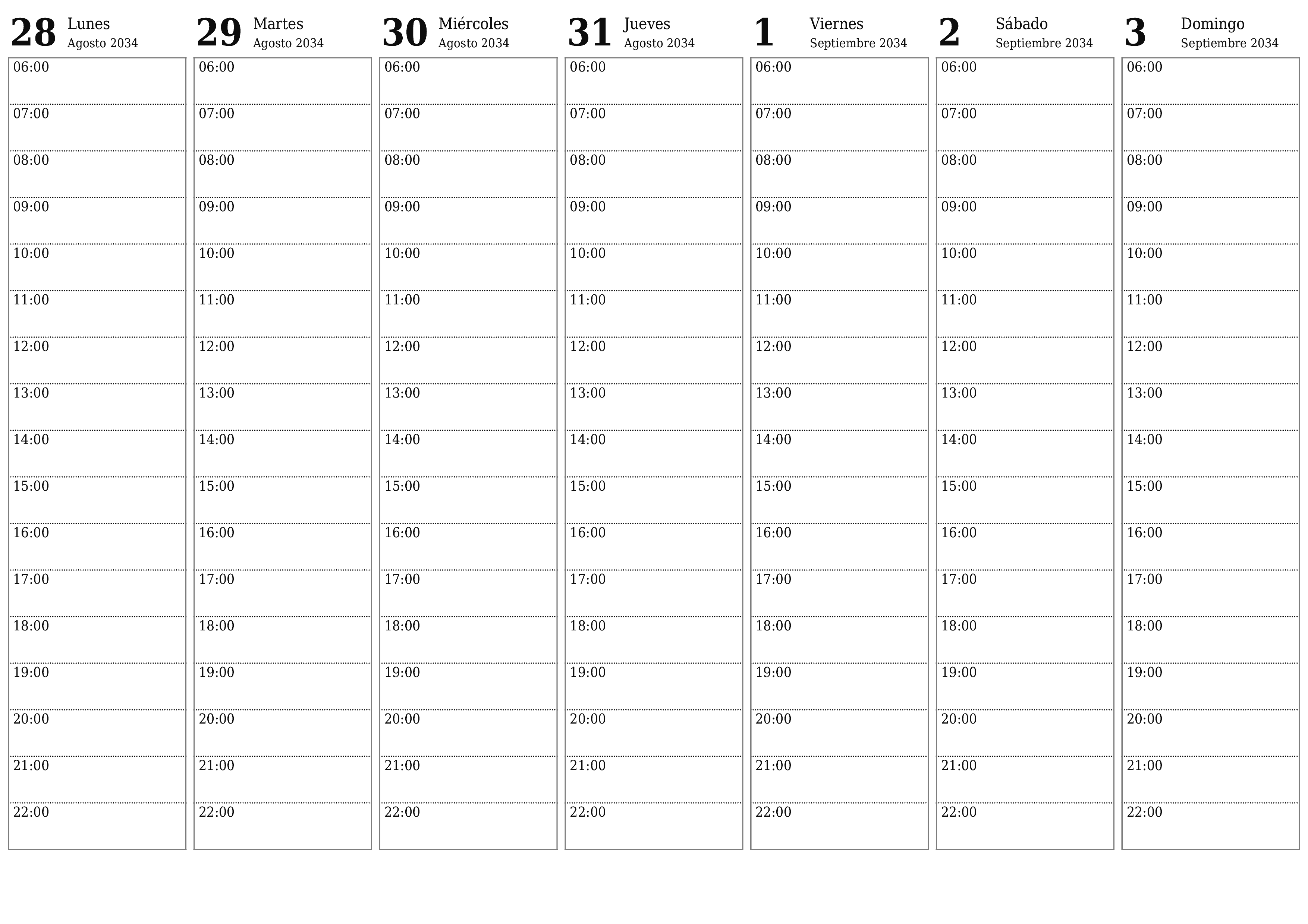 Planificador semanal vacío para semanas Septiembre 2034 con notas, guardar e imprimir en PDF PNG Spanish