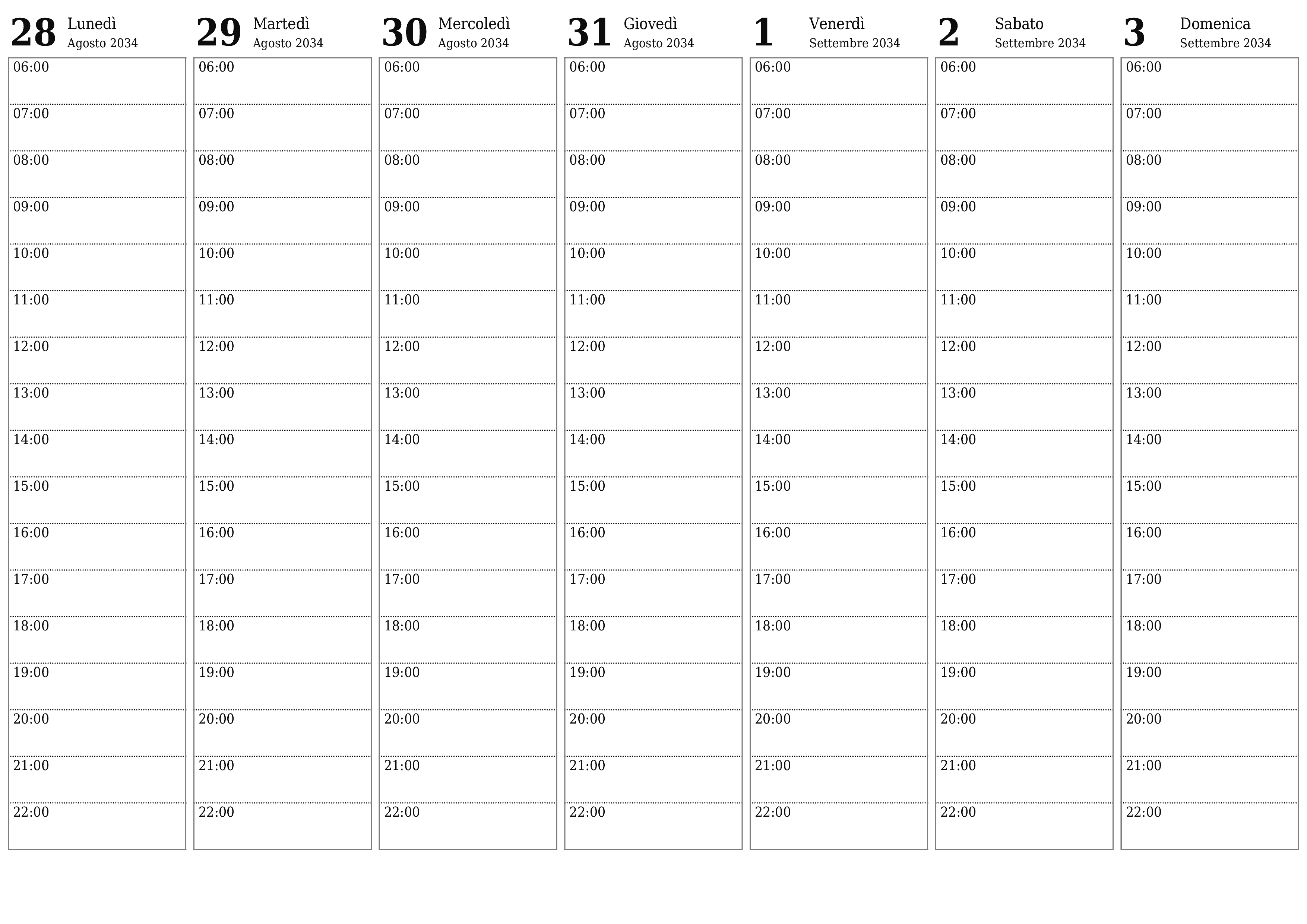 Agenda settimanale vuota per settimane Settembre 2034 con note, salva e stampa in PDF PNG Italian