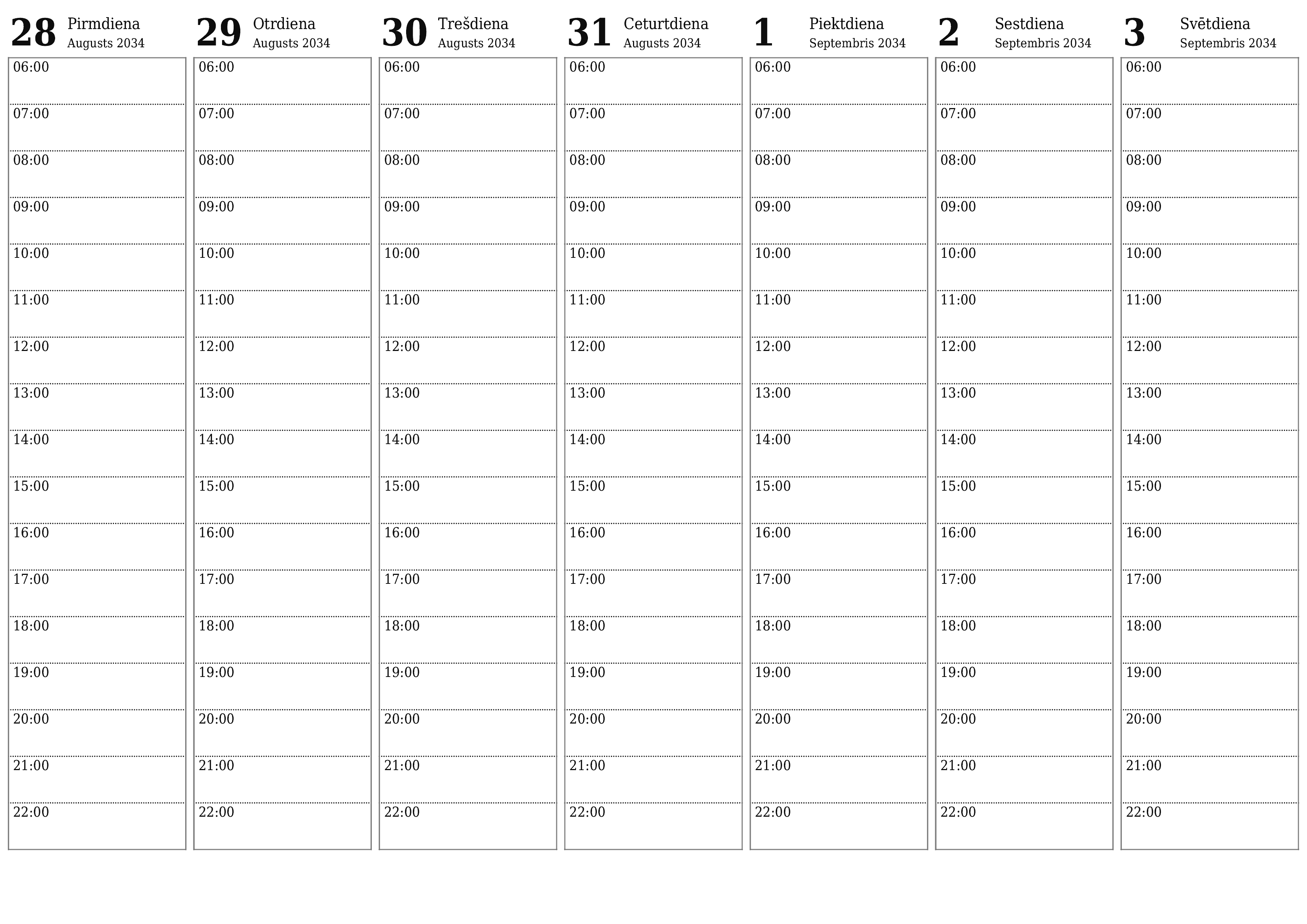 Iztukšojiet nedēļas plānotāju nedēļām Septembris 2034 ar piezīmēm, saglabājiet un izdrukājiet PDF formātā PNG Latvian