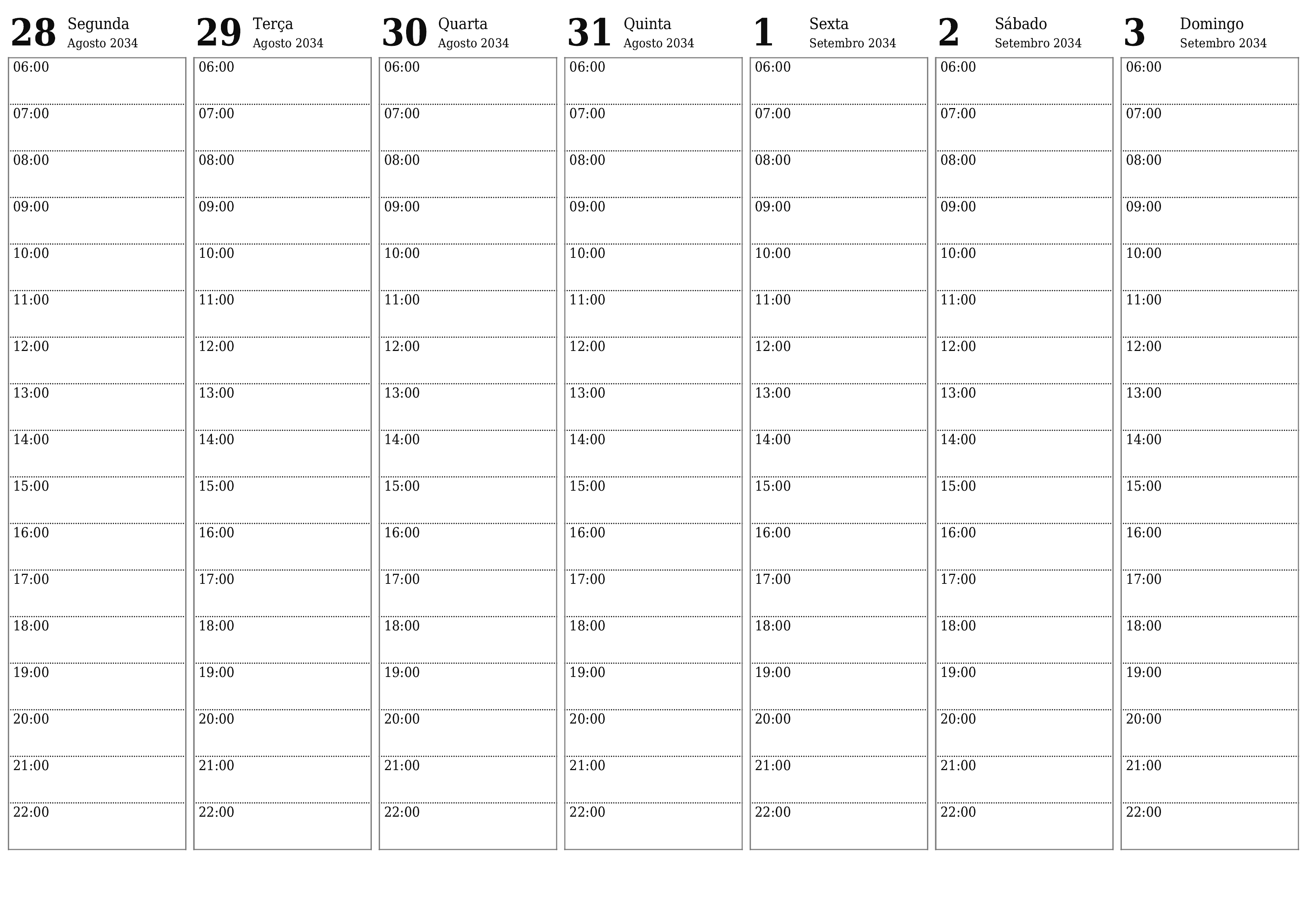 Esvazie o planejador semanal por semanas Setembro 2034 com notas, salve e imprima em PDF PNG Portuguese