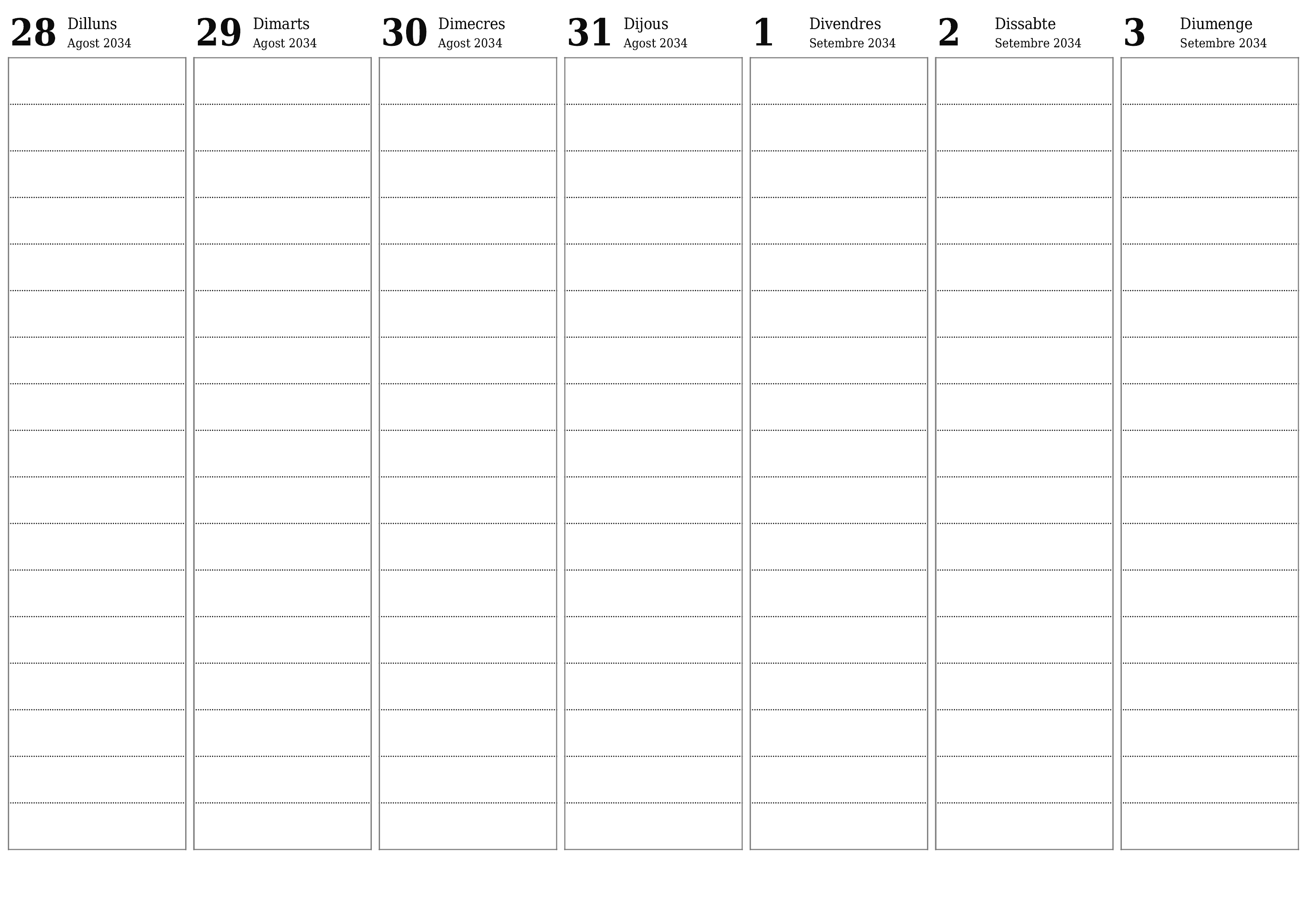 Planificador setmanal buit durant setmanes Setembre 2034 amb notes, deseu-lo i imprimiu-lo en format PDF PNG Catalan