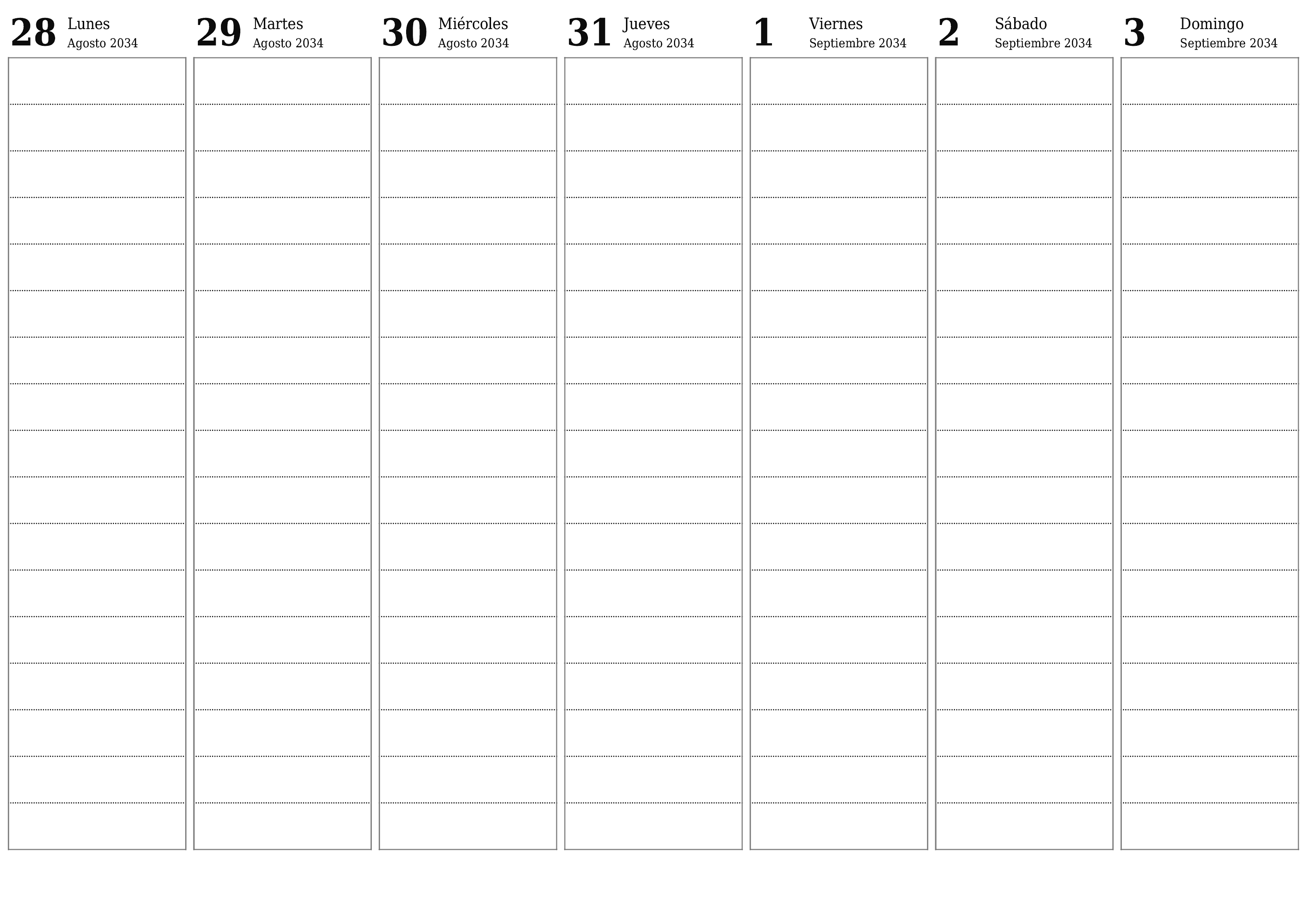 Planificador semanal vacío para semanas Septiembre 2034 con notas, guardar e imprimir en PDF PNG Spanish