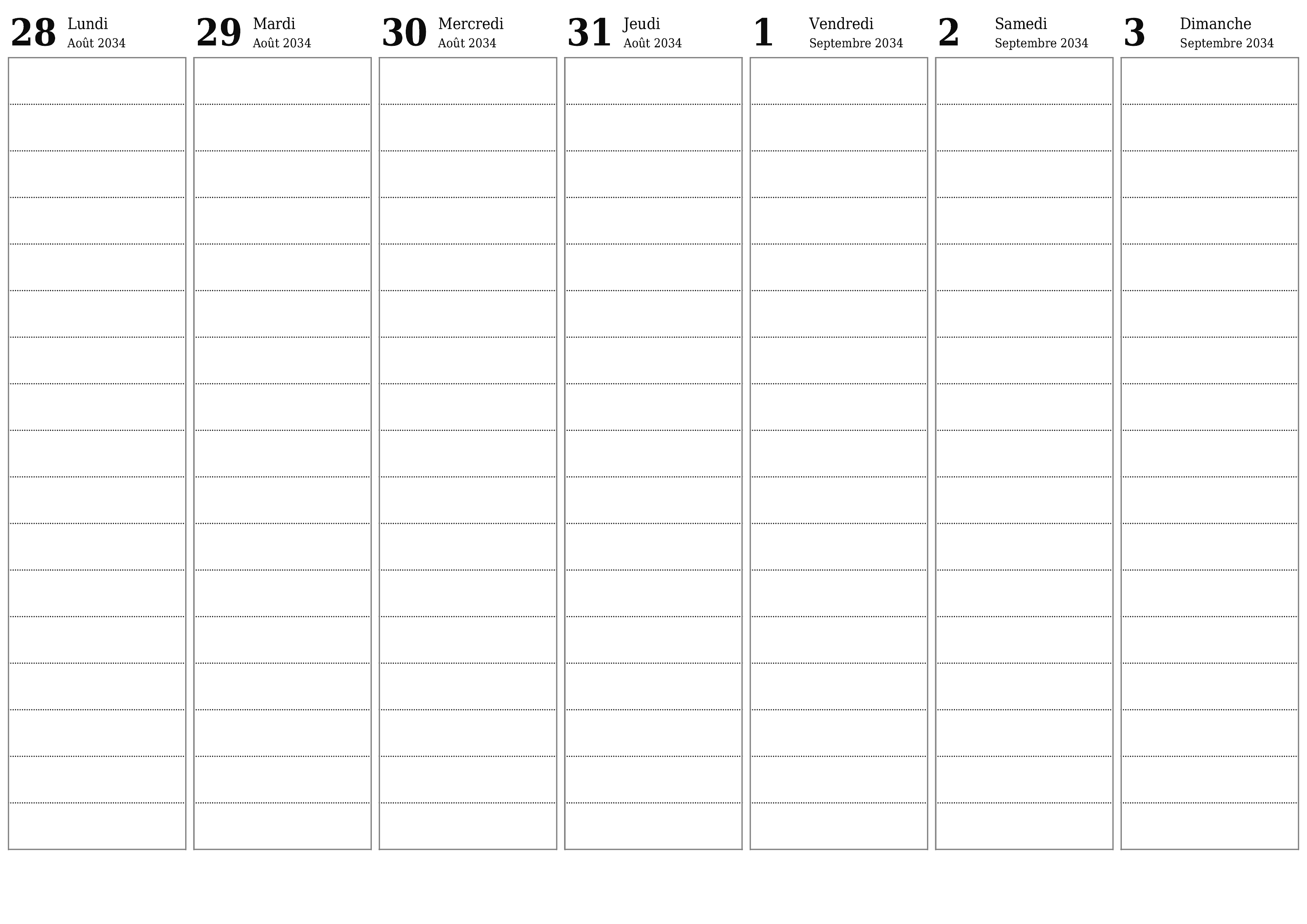 Agenda hebdomadaire vide pendant des semaines Septembre 2034 avec notes, enregistrez et imprimez au format PDF PNG French