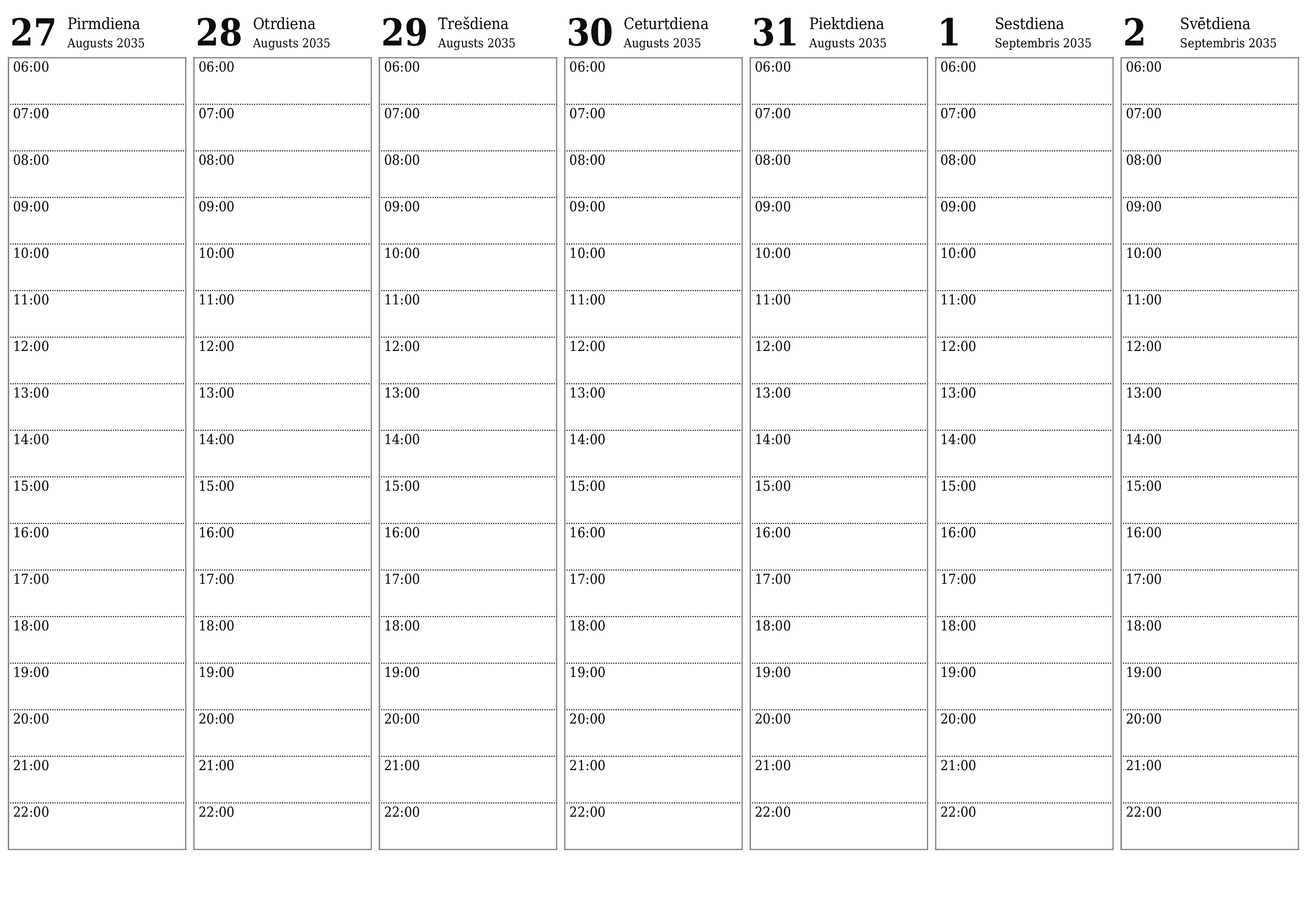 Iztukšojiet nedēļas plānotāju nedēļām Septembris 2035 ar piezīmēm, saglabājiet un izdrukājiet PDF formātā PNG Latvian