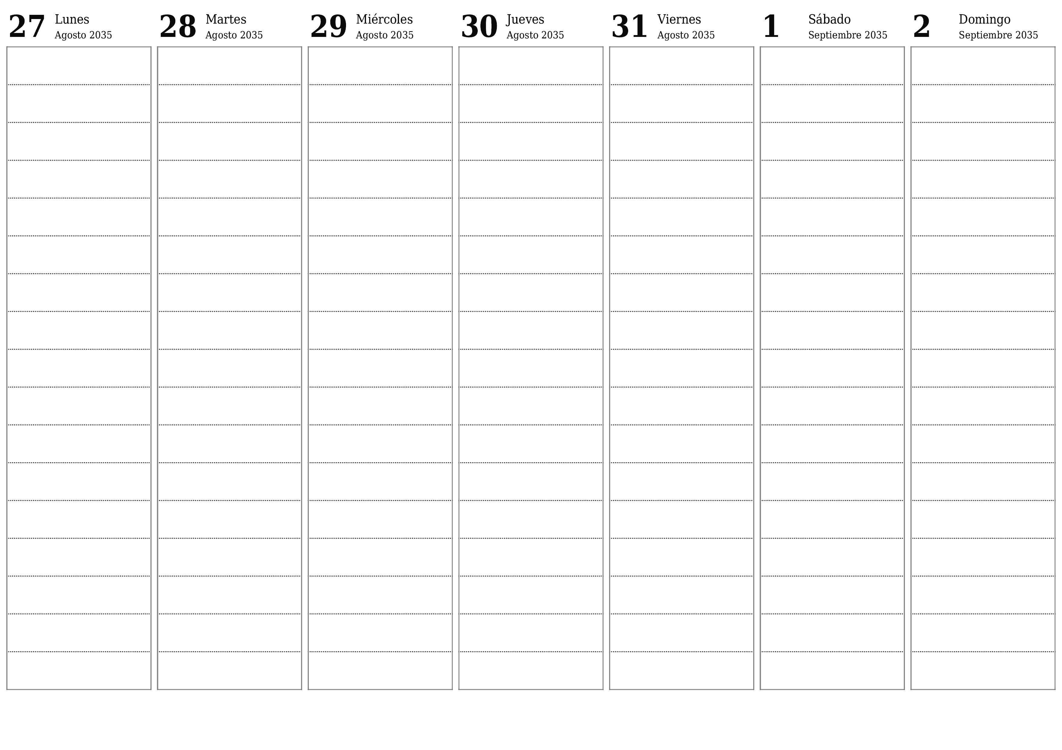 Planificador semanal vacío para semanas Septiembre 2035 con notas, guardar e imprimir en PDF PNG Spanish