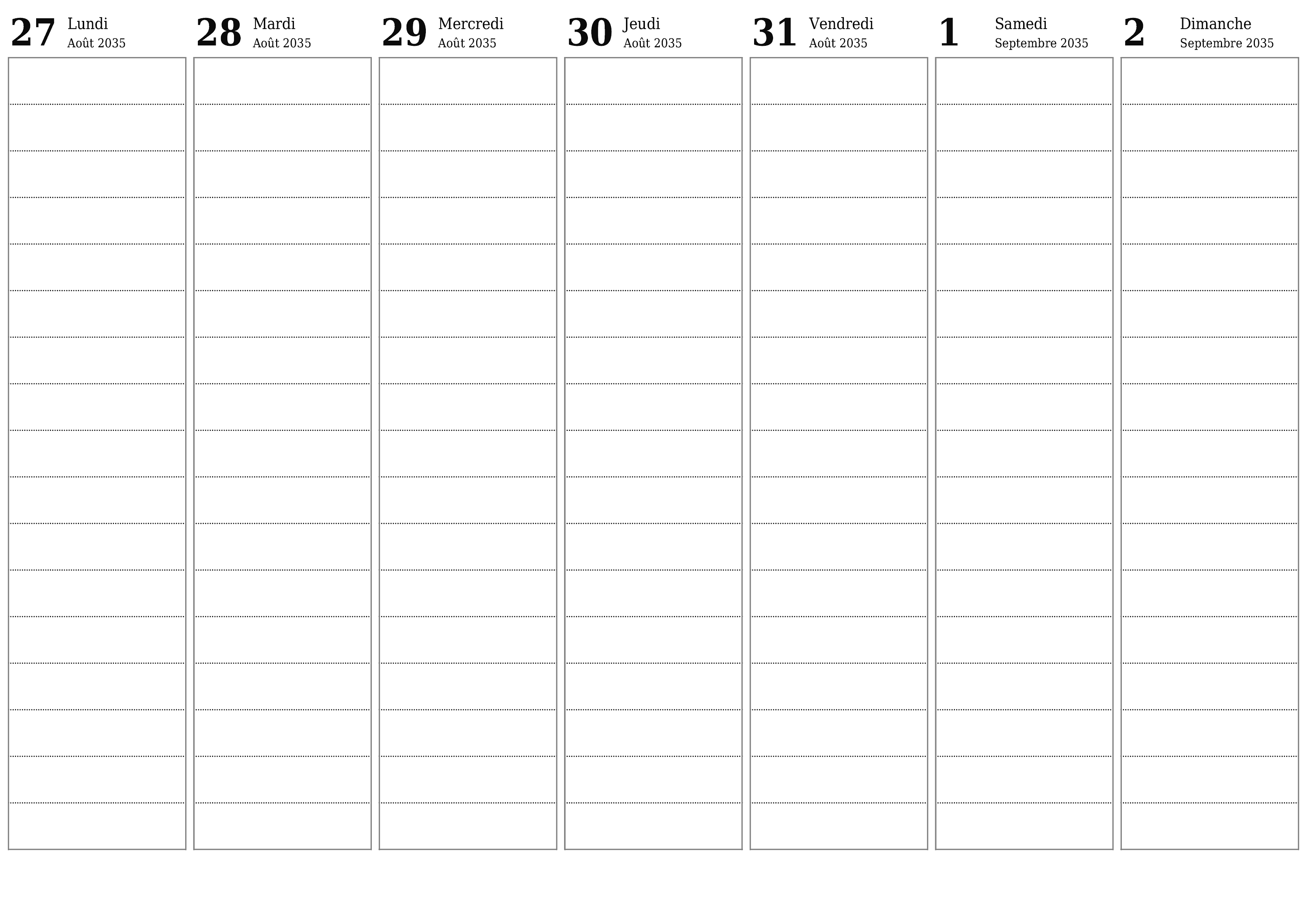 Agenda hebdomadaire vide pendant des semaines Septembre 2035 avec notes, enregistrez et imprimez au format PDF PNG French