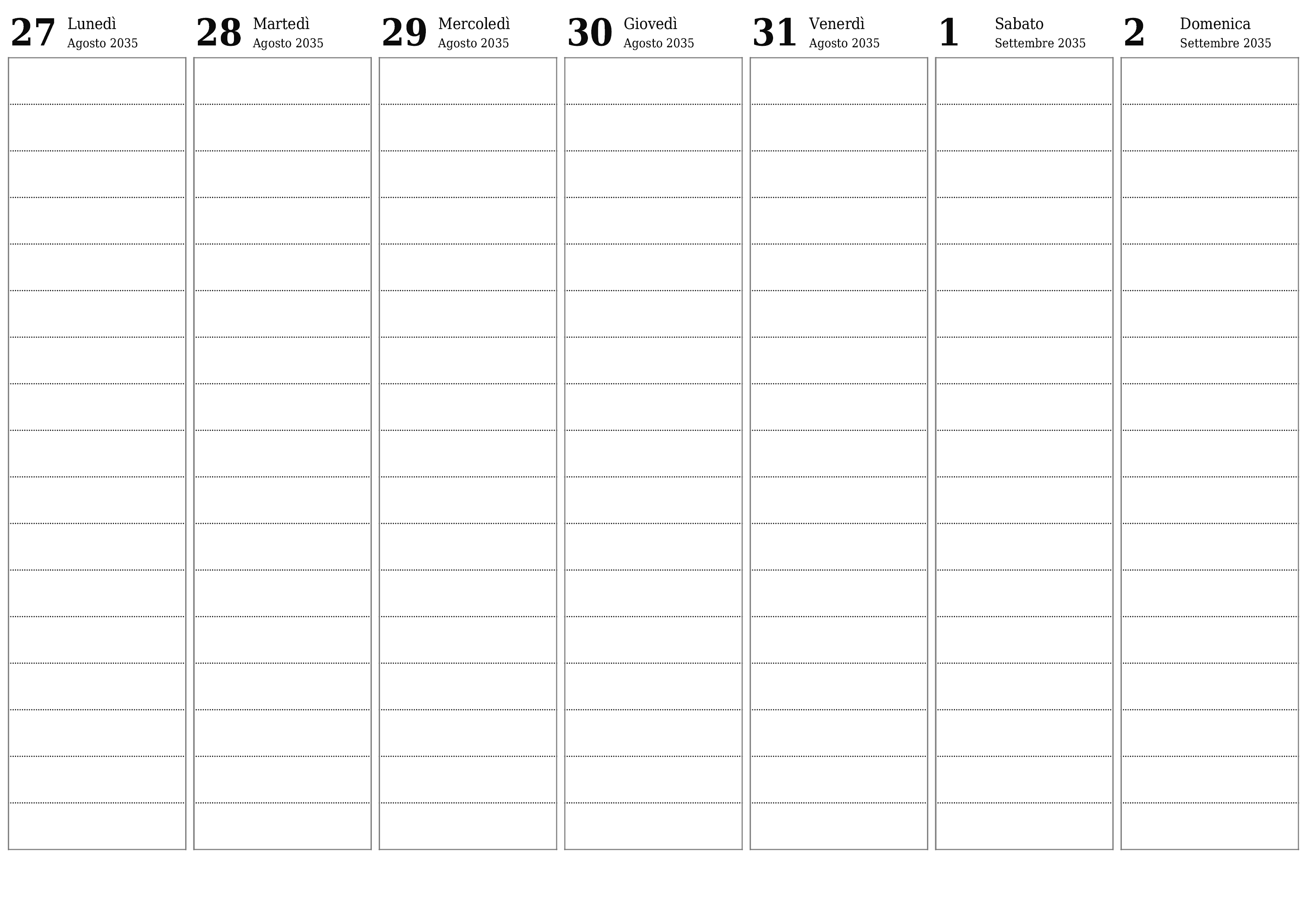 Agenda settimanale vuota per settimane Settembre 2035 con note, salva e stampa in PDF PNG Italian