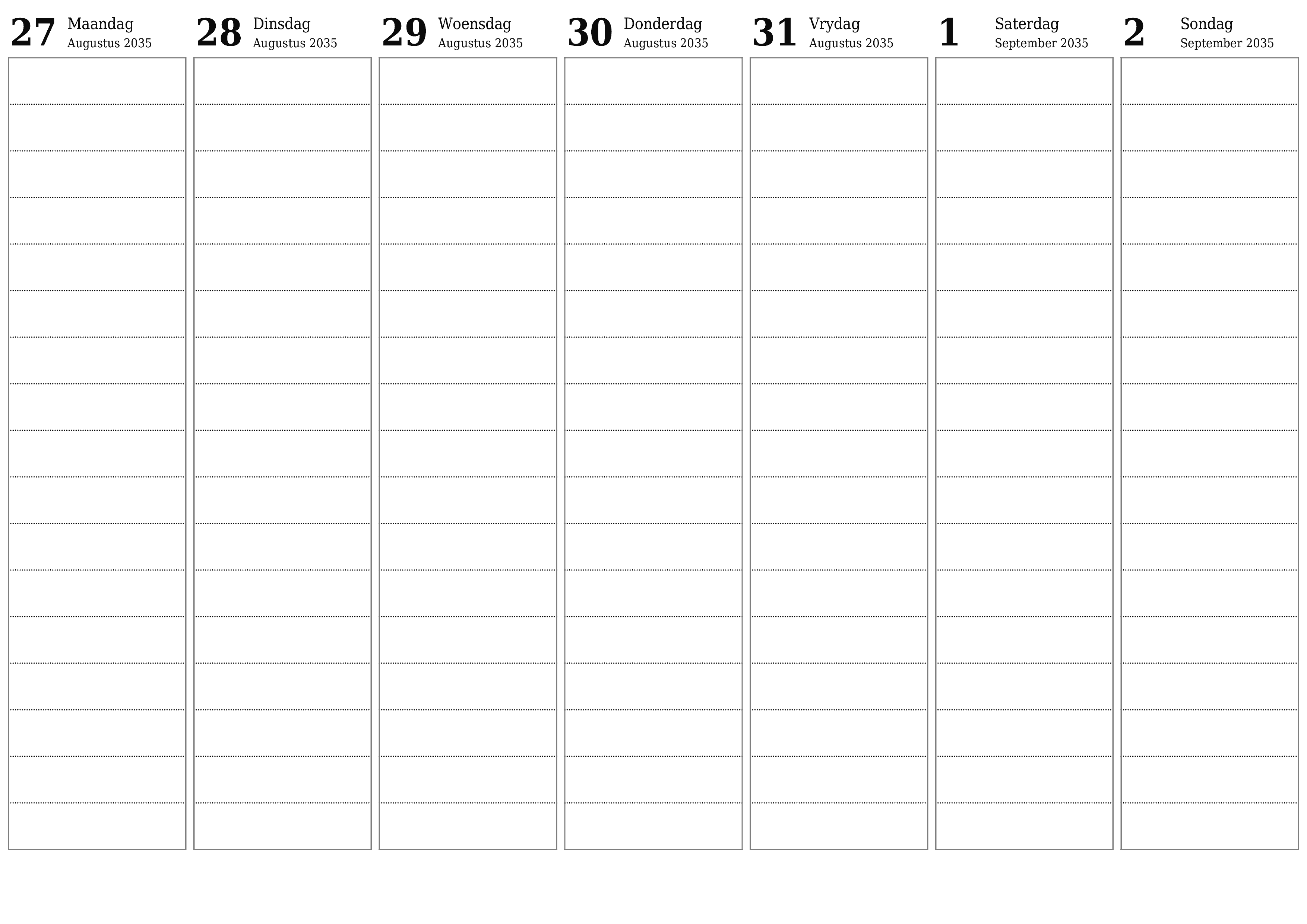 Leë weeklikse drukbare kalender en beplanner vir week September 2035 met notas, stoor en druk na PDF PNG Afrikaans