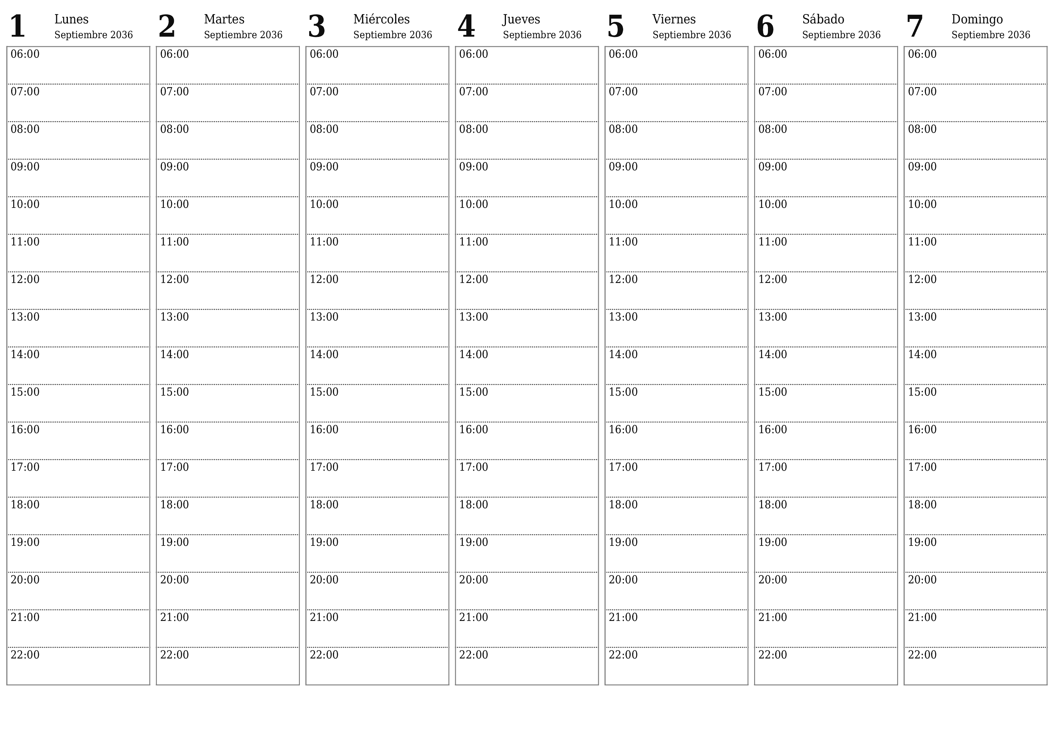 Planificador semanal vacío para semanas Septiembre 2036 con notas, guardar e imprimir en PDF PNG Spanish
