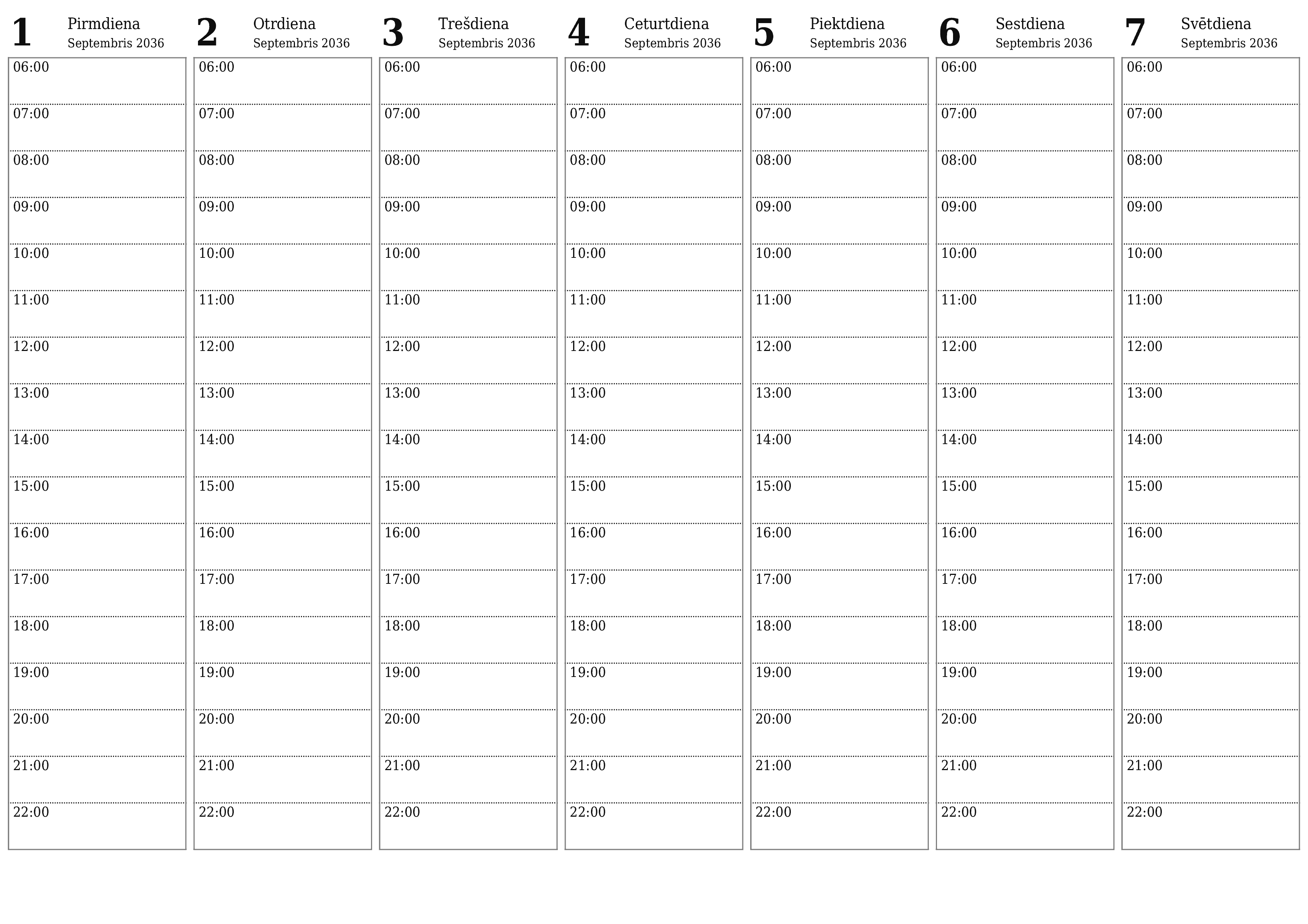 Iztukšojiet nedēļas plānotāju nedēļām Septembris 2036 ar piezīmēm, saglabājiet un izdrukājiet PDF formātā PNG Latvian